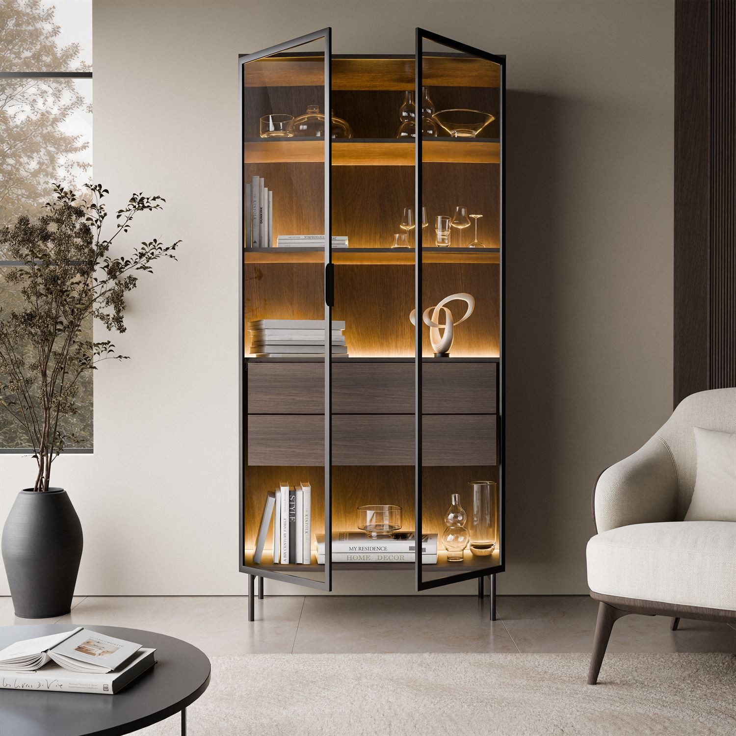 Lookway Glasvitrine LINEA LOFT Vitrine mit LED-Beleuchtung und Schubladen