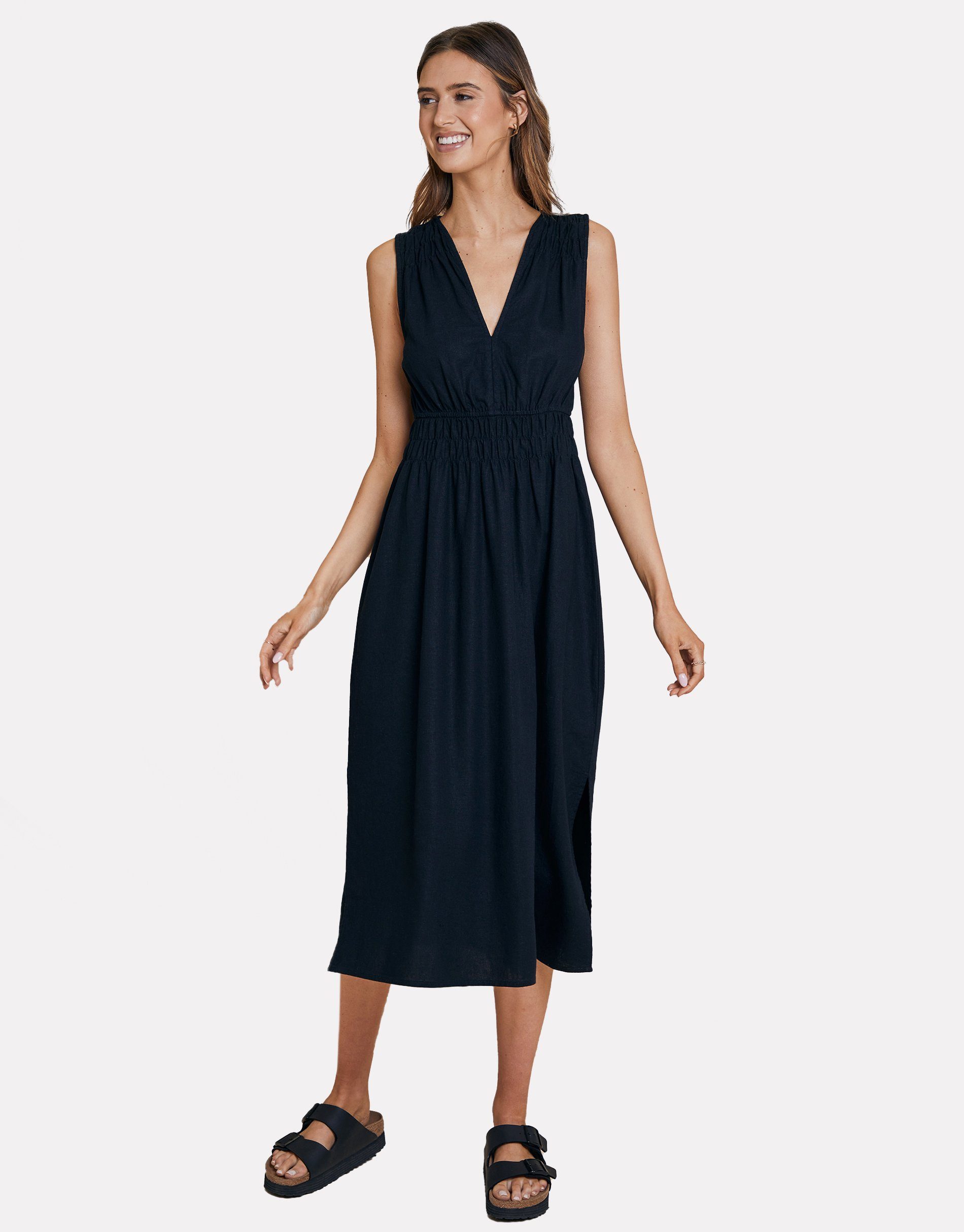 Threadbare Sommerkleid THB Peppercorn - Waisted Midi Dress schwarz Linen Black