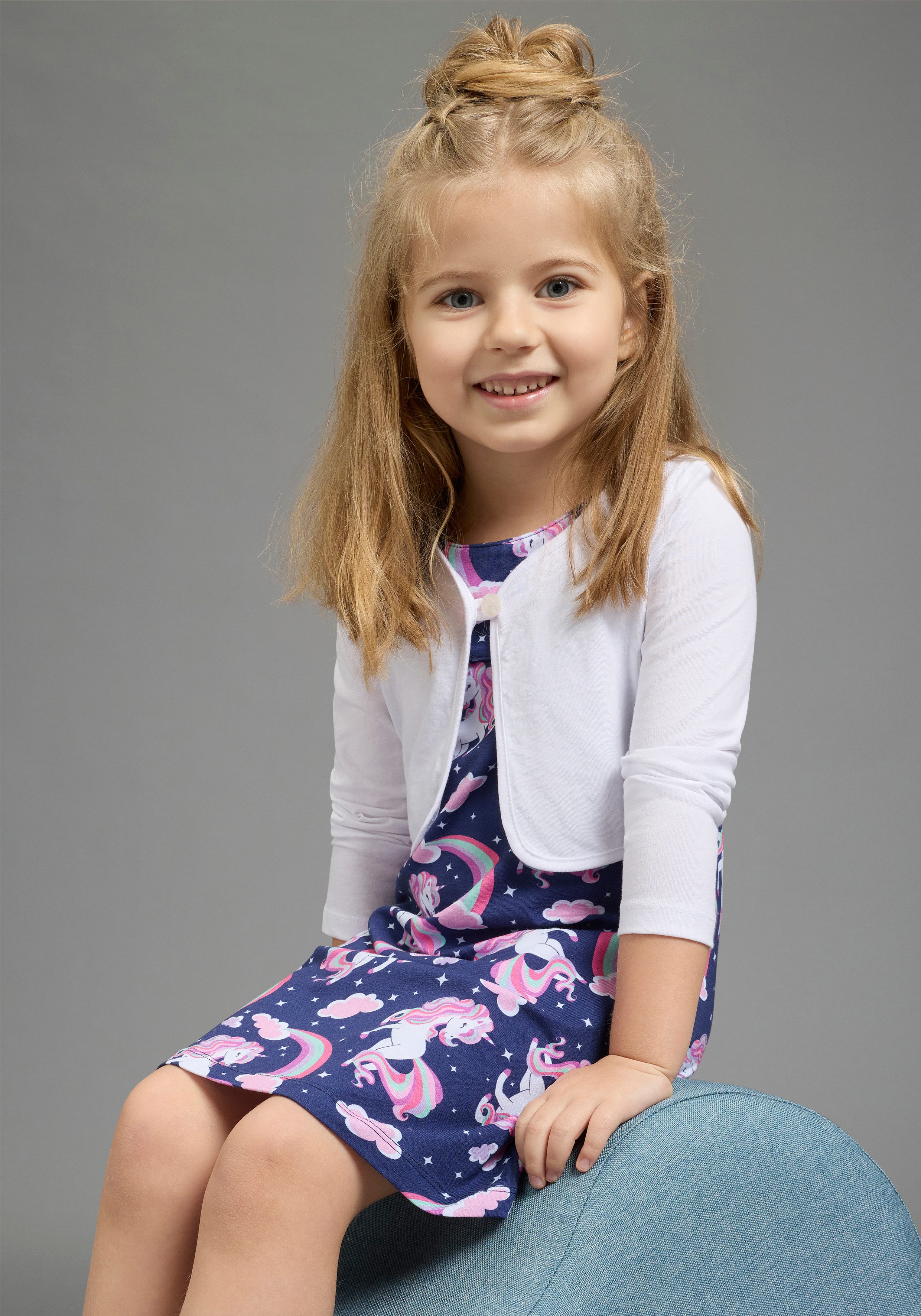 KIDSWORLD Bolero, Kleid & Leggings 2 tlg Set Kleid+Bolero Einhorn (Set, 2-tlg., 2) bedrucktes Design, aus Baumwollmischung, Single Jersey Material