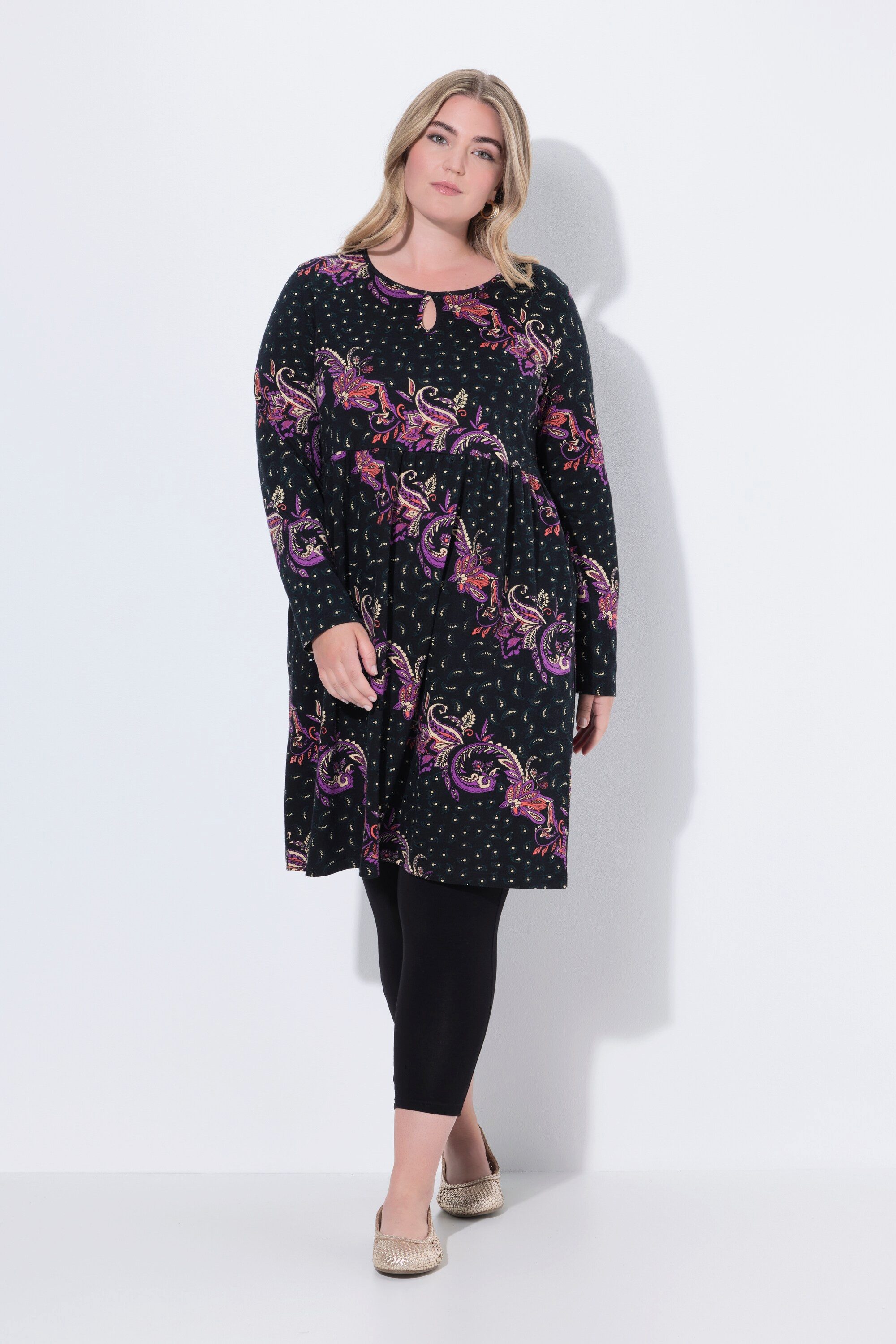 Midikleid Jerseykleid Paisley A-Linie Rundhals Langarm
