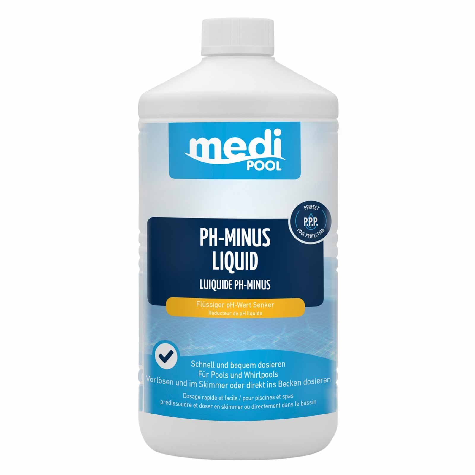 mediPOOL Poolpflege pH-Minus Liquid 1 L - pH Senker, pH Regulator, Flüssigchlor, (Kein Set)