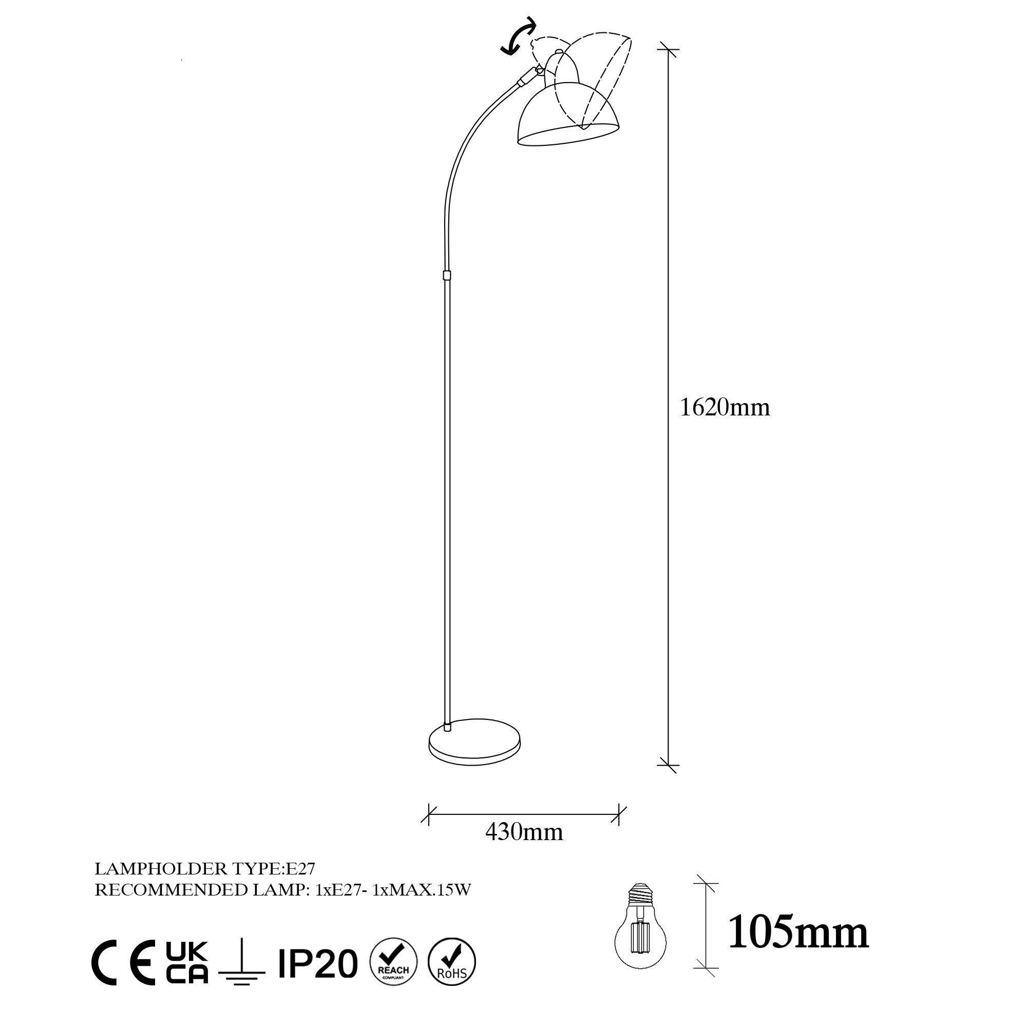 20 cm, 43 FLG, Schwarz, x Metallkörper Varzan Stehlampe Opviq