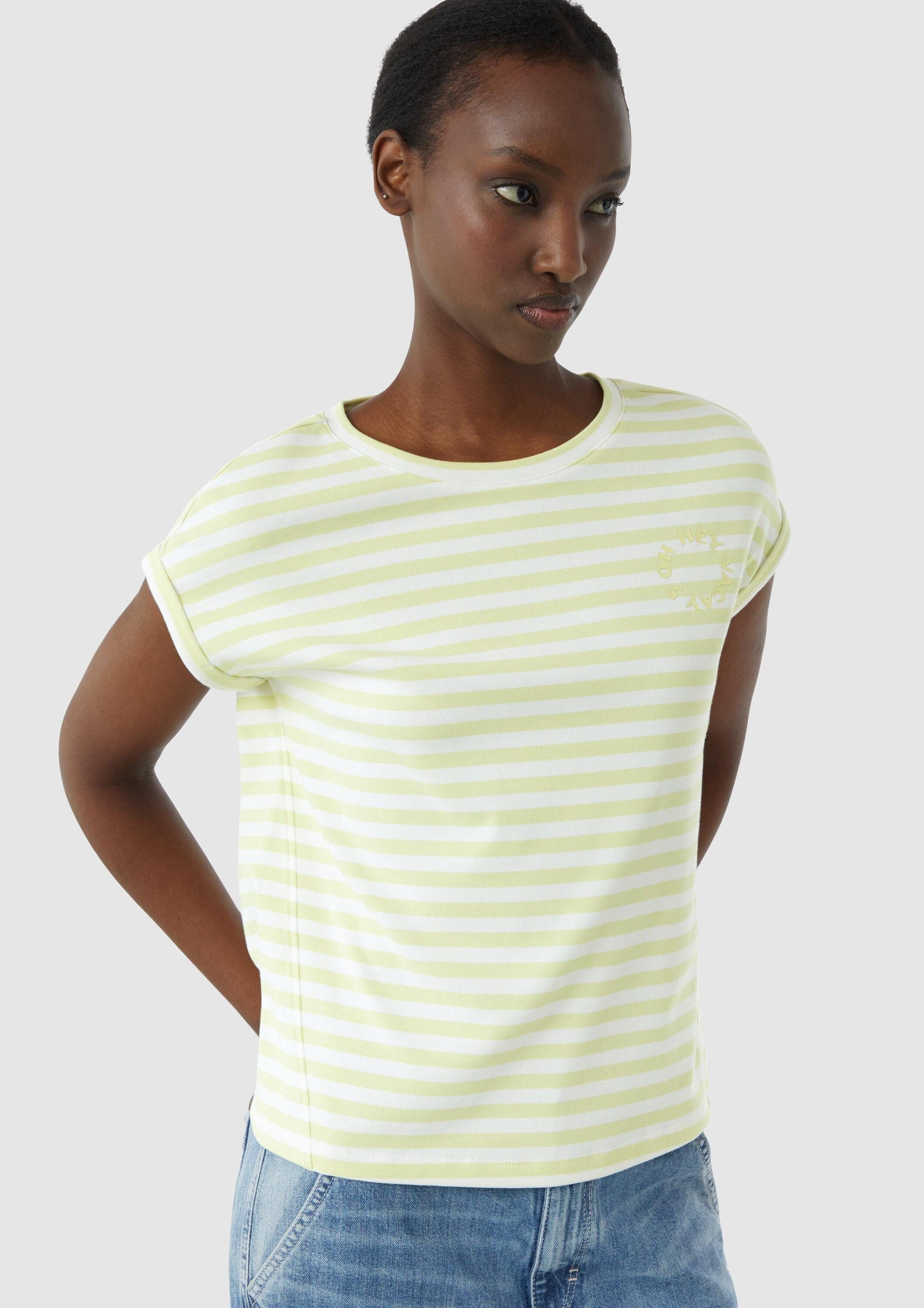 comma Kurzarmshirt T-Shirt Gestreiftes T-Shirt mit verlegter Seitennaht und Printdetail