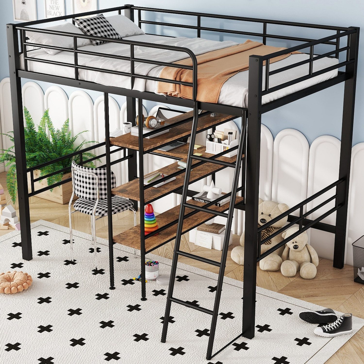 ANYSUN Hochbett Jugendbett mit Computerkonsolenablage,90*200cm Hochbett, (Eisenrahmen Bett mit Schreibtisch,Regalen, Geländer und Treppe) Platzsparend, sicher und ideal für kleine Räume Jugendbett