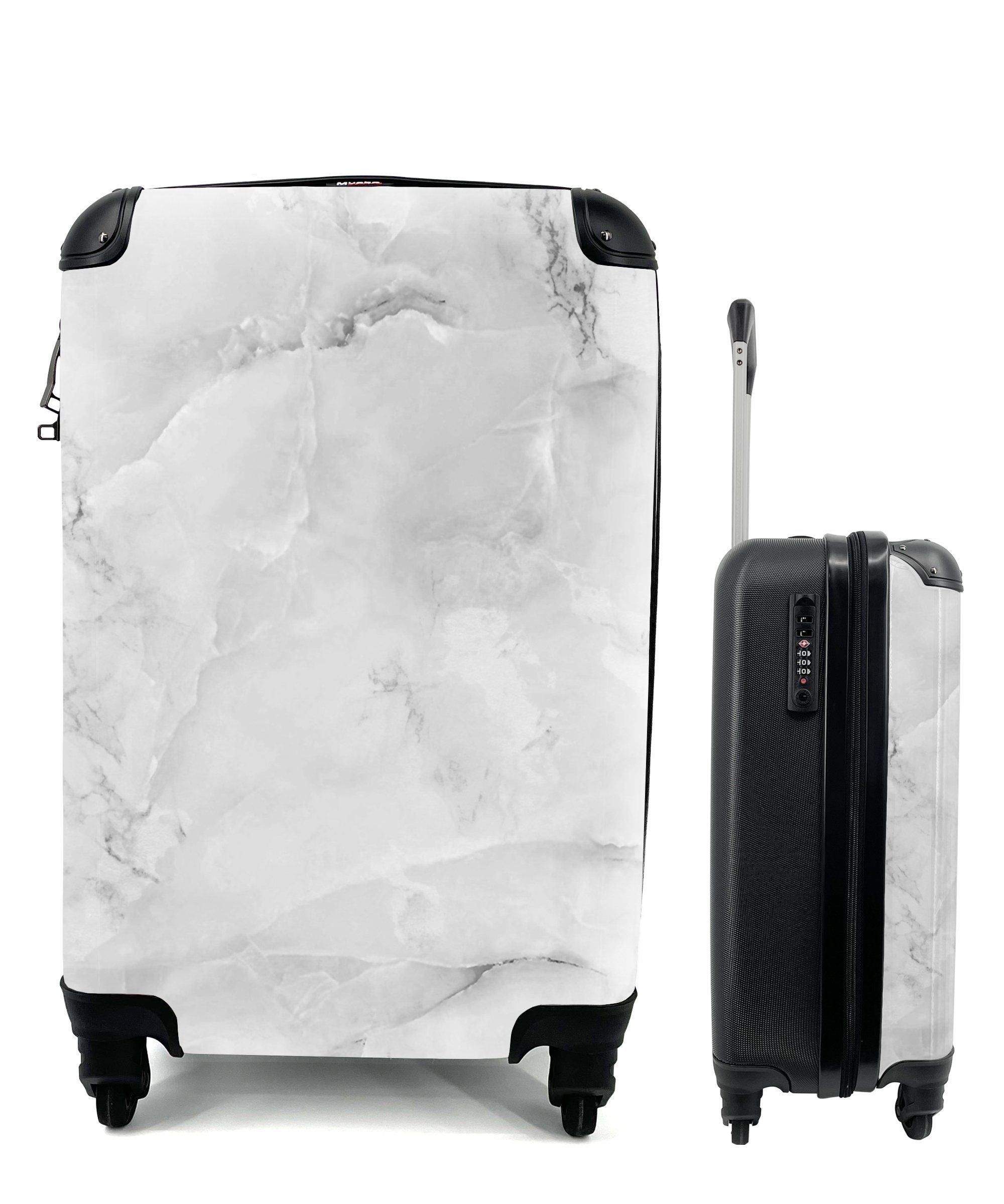 Marmor MuchoWow Weiß 4 Handgepäckkoffer für Reisetasche Marmoroptik, Grau mit Handgepäck rollen, - - Reisekoffer Trolley, - Rollen, Stein Ferien, -