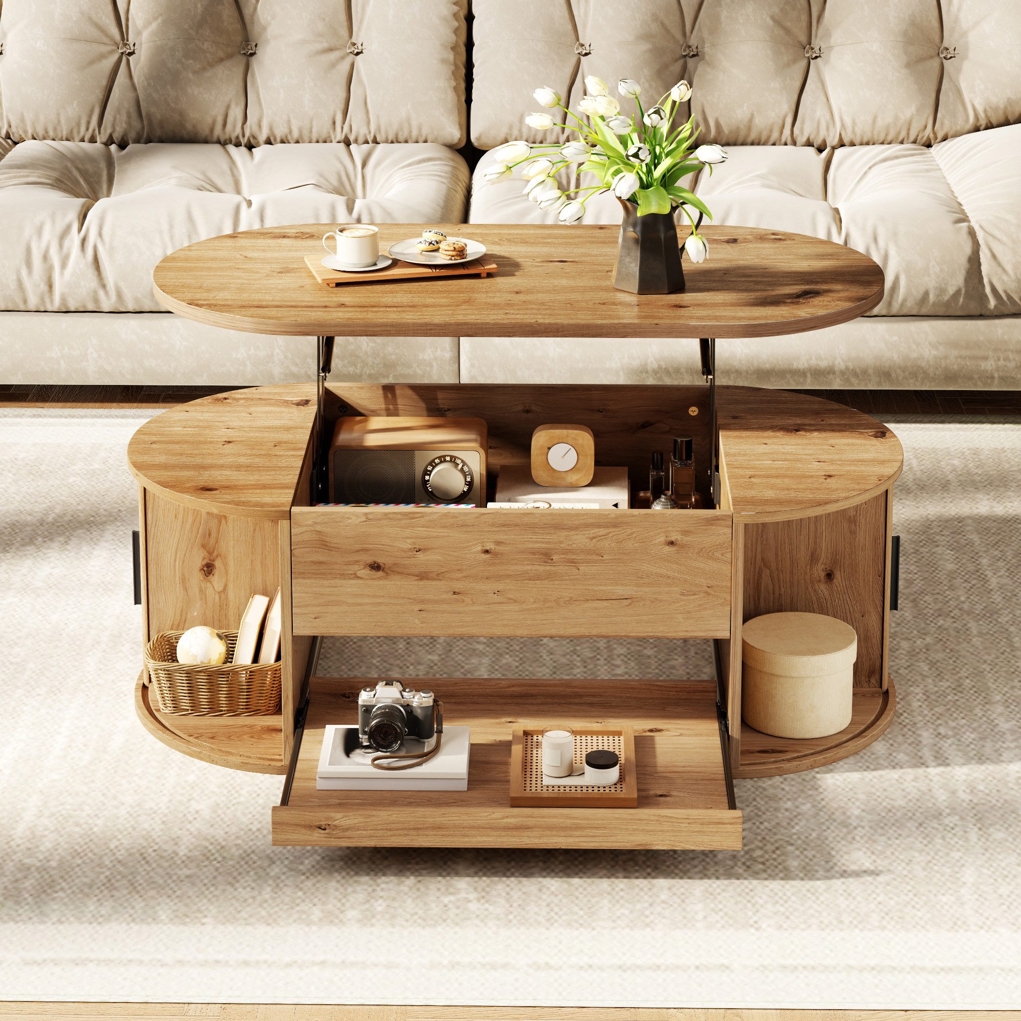 KLAM HOME Couchtisch Couchtisch 110×55×55cm mit Hebefunktion und verstecktem Stauraum (Moderner Sofatisch mit Rillenstruktur und seitlichen Schiebetüren), Multifunktionaler Kaffeetisch mit ausziehbarer Ablageplatte