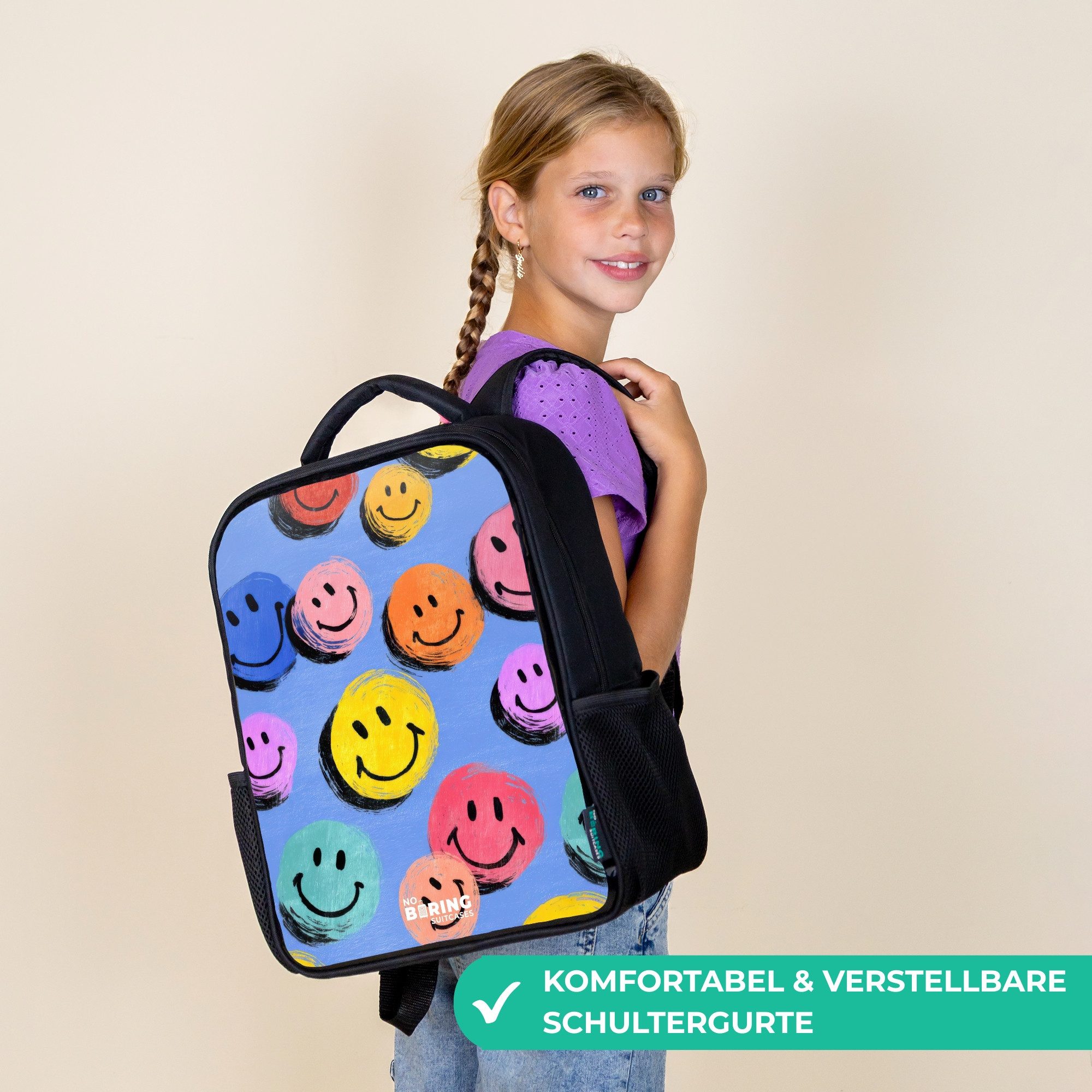 NoBoringSuitcases.com© Rucksack Ein verspieltes und künstlerisches Muster aus bunten Smileys, Kinderrucksack Schwarz, Schulrucksack, Freizeitrucksack Jungen Mädchen
