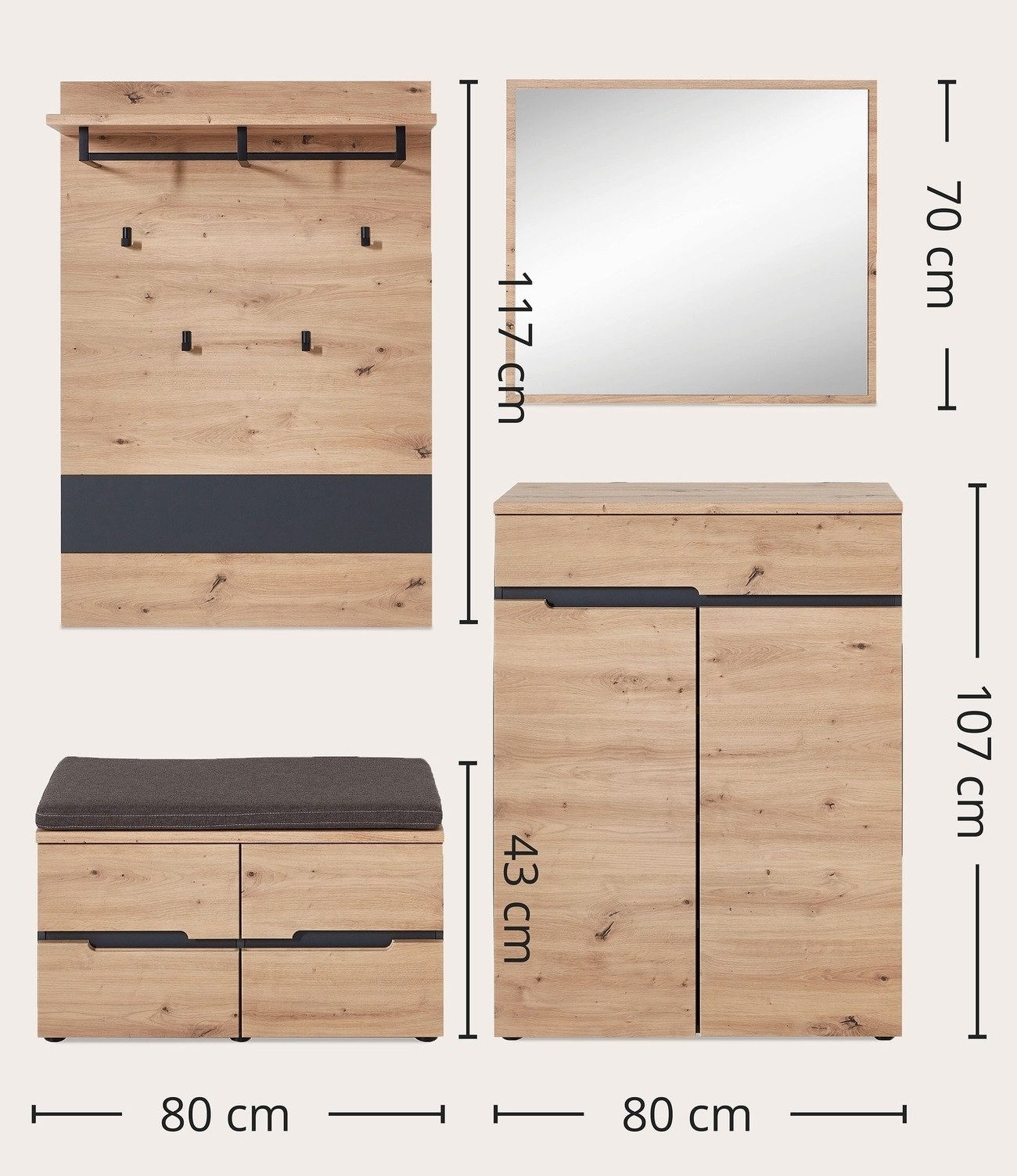freiraum Garderoben-Set Memphis, (4-teilig) Artisan Eiche Dekor / Graphit - 145x192x38 (BxHxT)
