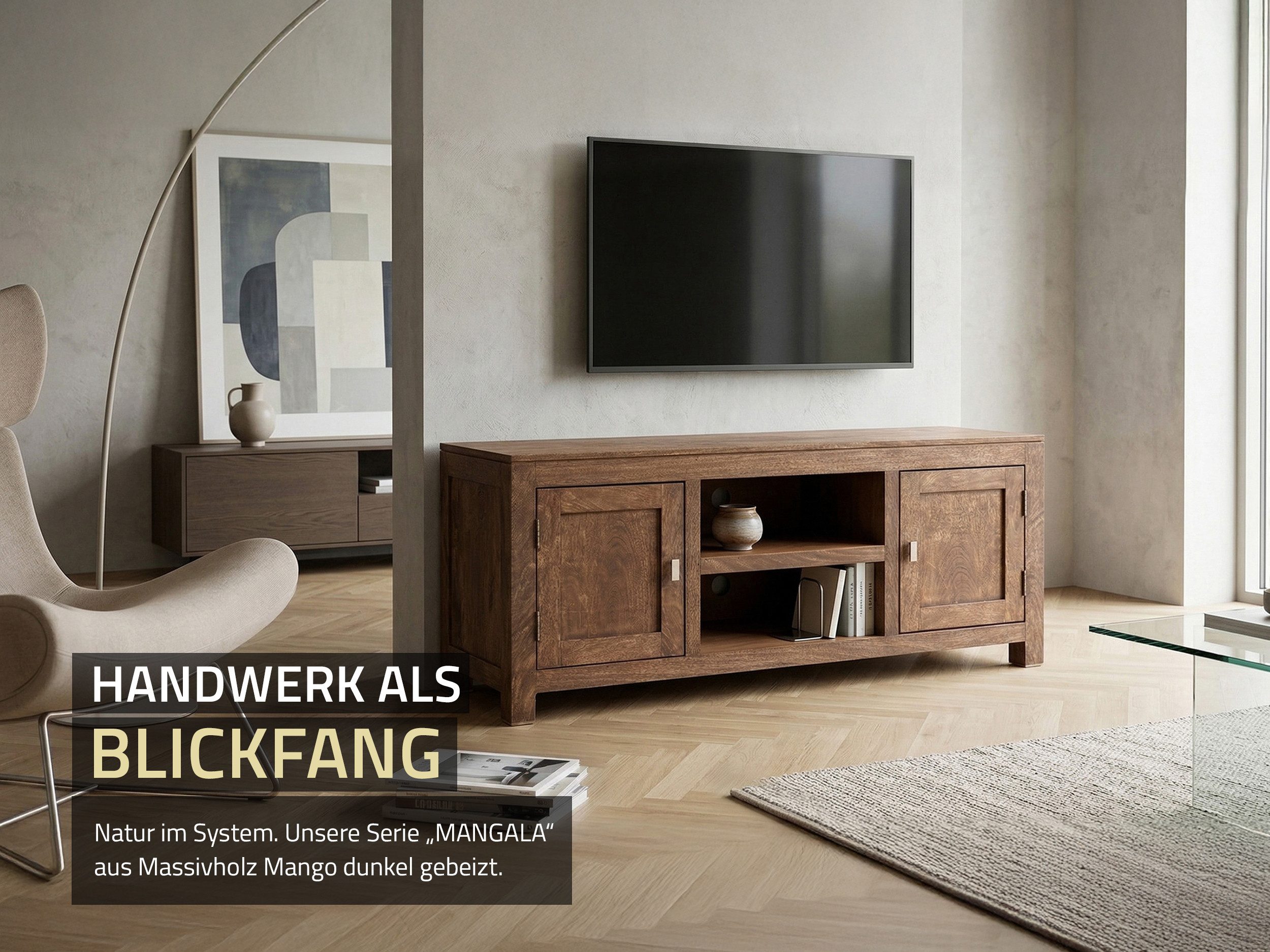 Massivart® Lowboard 145 cm Breite TV-Board Mango Holz gebeizt »MANGALA«, Massivholz · montiert · 2 Gerätefächer · Wohnzimmer