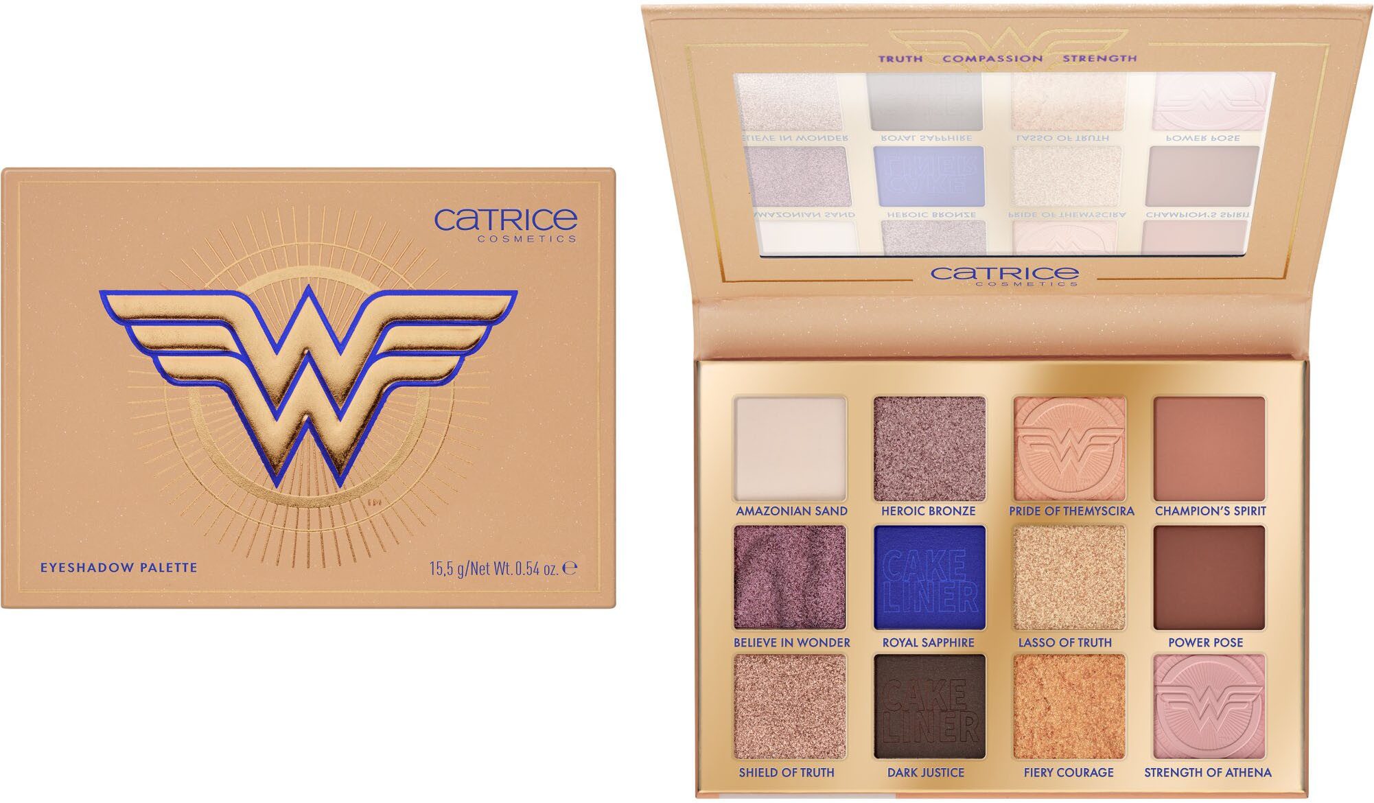 Catrice Lidschatten-Palette Wonder Woman Eyeshadow Palette, Hochpigmentiert mit matten, schimmernden und metallischen Texturen.