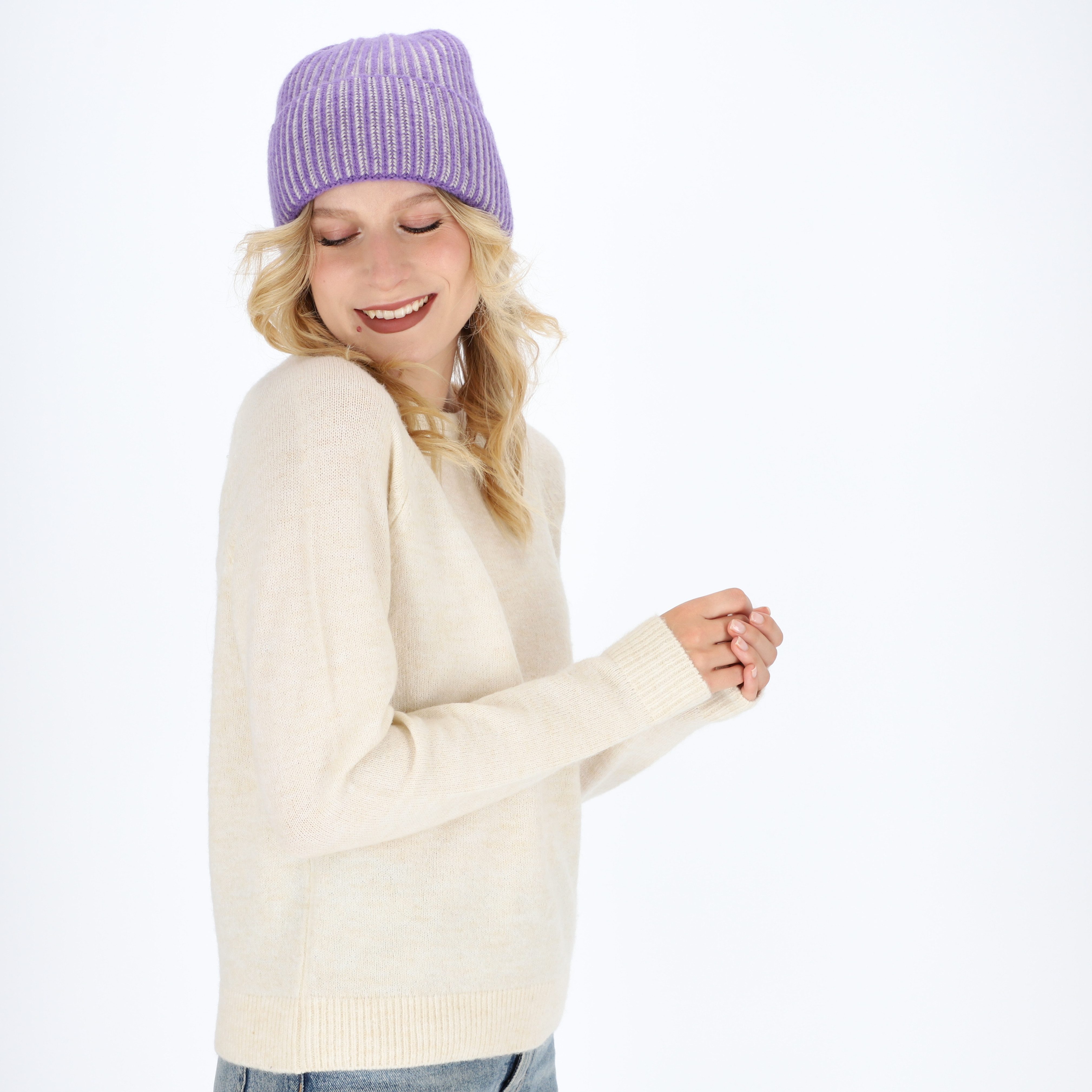 halsüberkopf Accessoires Strickmütze mit 2-farbiger Rippe aus extra feiner günstig online kaufen