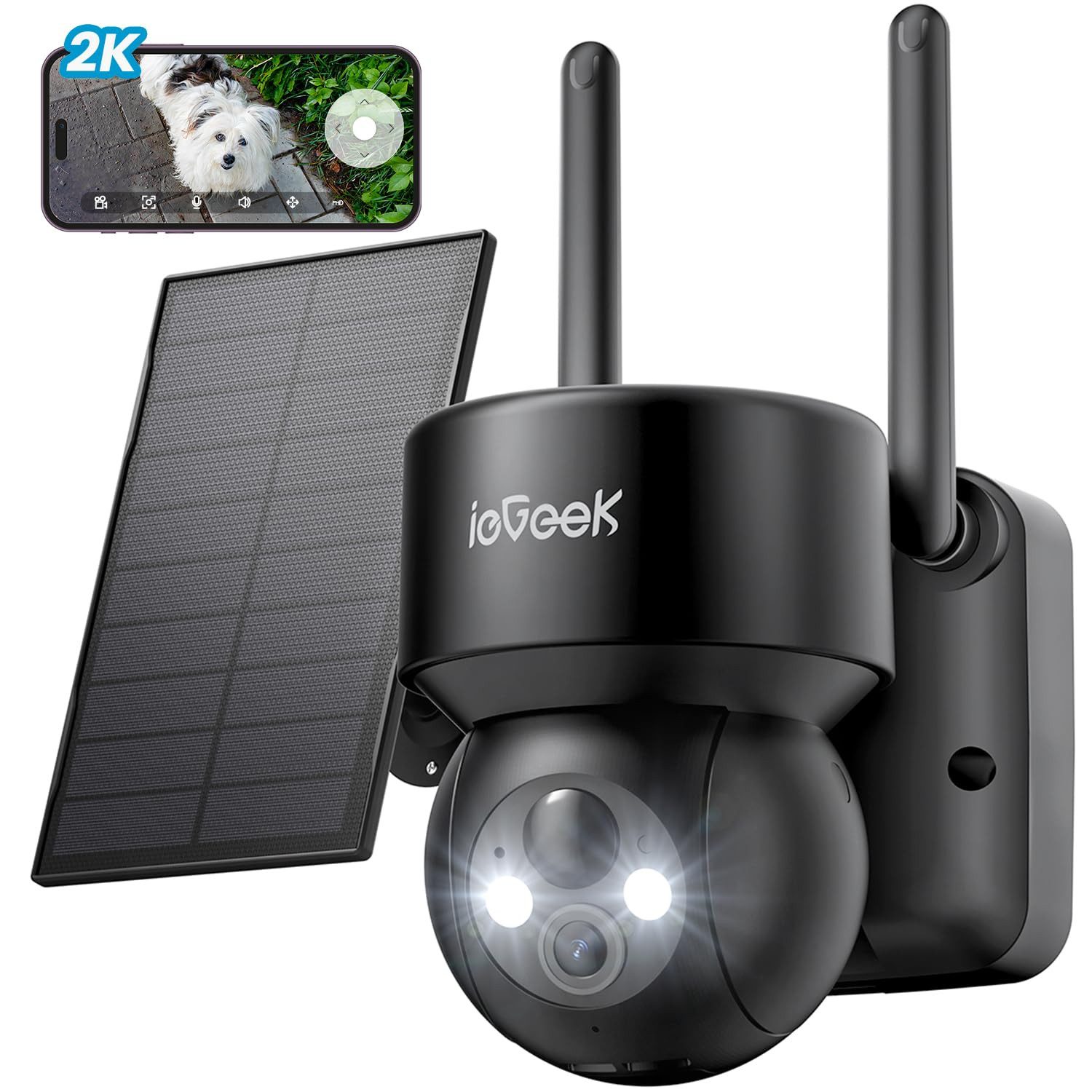 ieGeek Überwachungskamera 2K 3MP Überwachungskamera Aussen Solar, 360° PTZ Akku (Aussen, Außenbereich, 2.4GHz Kabellos Überwachungskamera mit PIR Bewegungsmelder, 1-tlg., 2-Wege-Audio, IP66, Cloud/Speicher Karte, Alexa, 4-fachen Digitalzoom,Teilen & Geheim Halten)