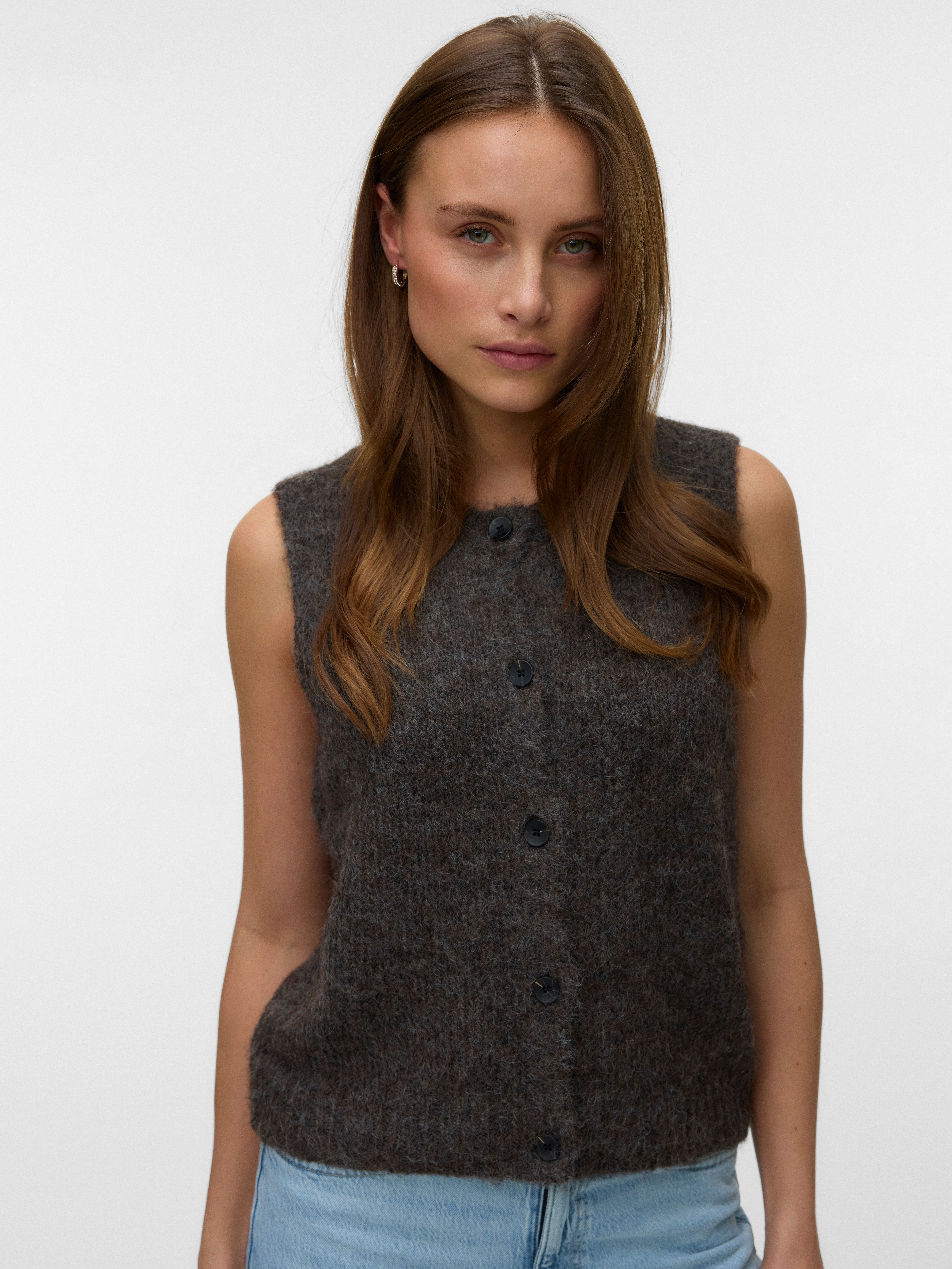 Vero Moda Strickweste VMNOVAH SL O-NECK BUTTON VEST NOOS Materialmix, loose fit