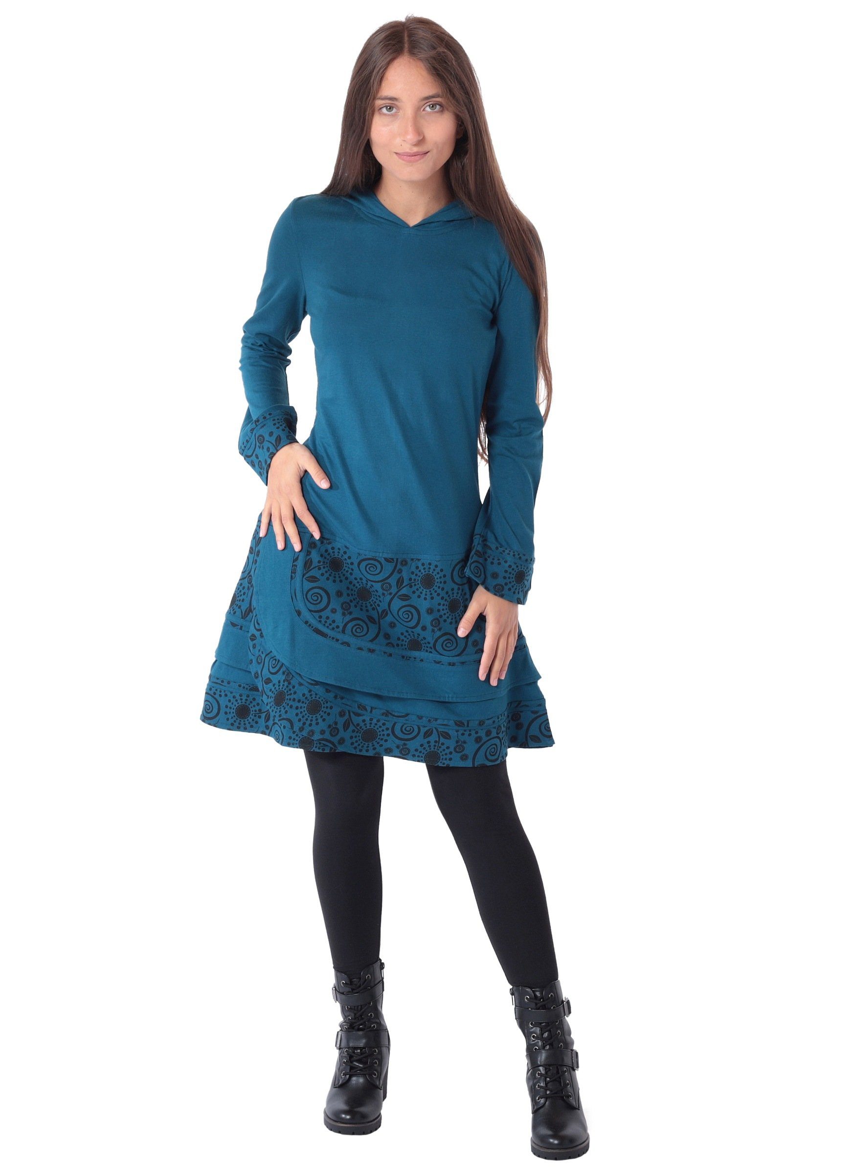 PUREWONDER Sweatkleid Elfenkleid aus Baumwolle mit Zipfelkapuze Nr. 186 Blau L im Patchwork-Stil – Bild 5 von 5