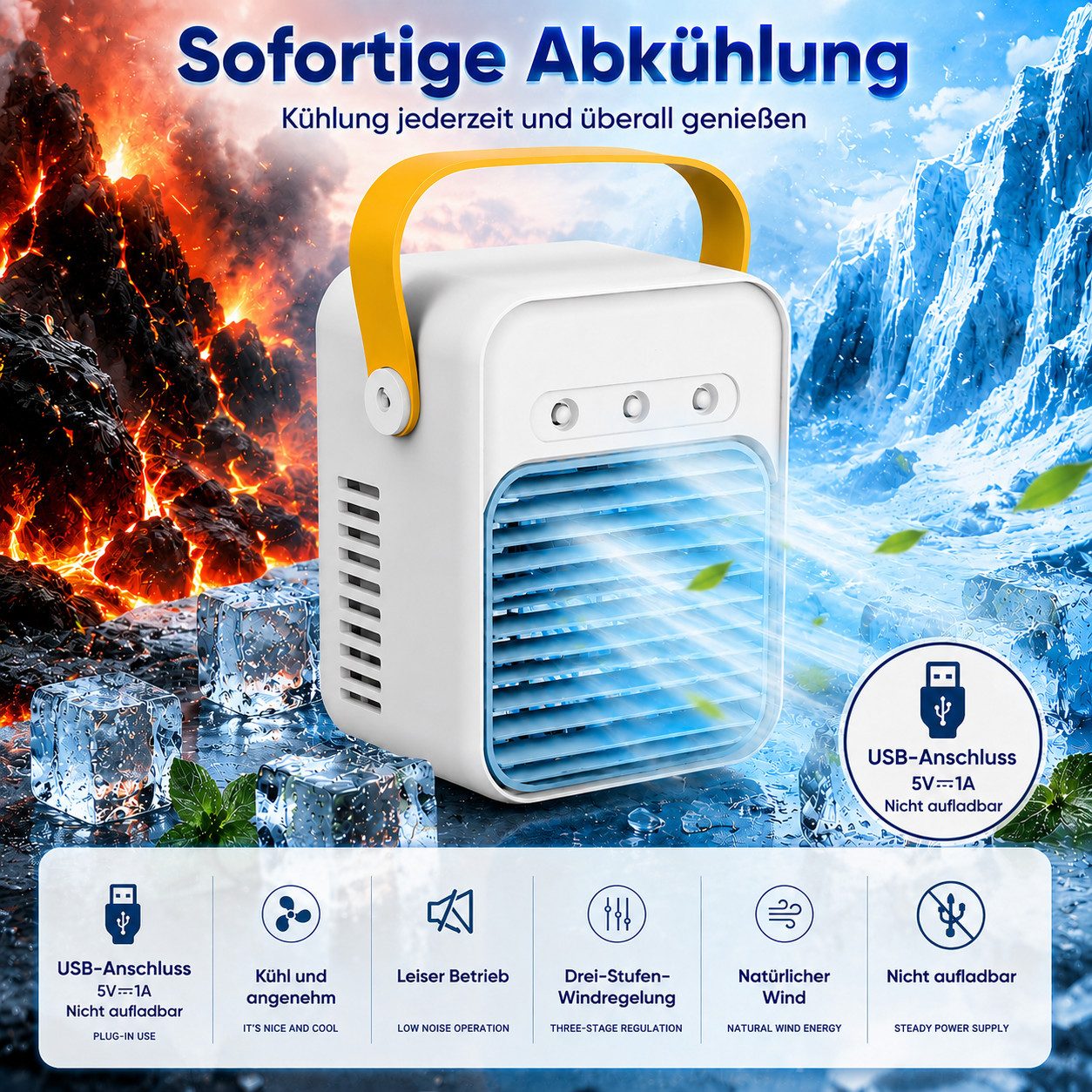 MOPUEA Ventilatorkombigerät Tragbare Klimaanlage mit 3 einstellbaren Windgeschwindigkeiten, 300-ml-Wassertank, Desktop-Luftkühlungsventilator