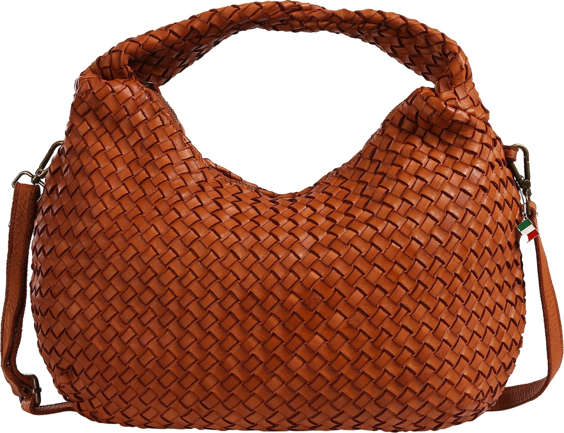 FLORENCE Schultertasche Florence Damen Schultertasche geflochten (Schultertasche), Damen Schultertasche Leder, mittelbraun, cuoio ca. 46 x 28cm hoch