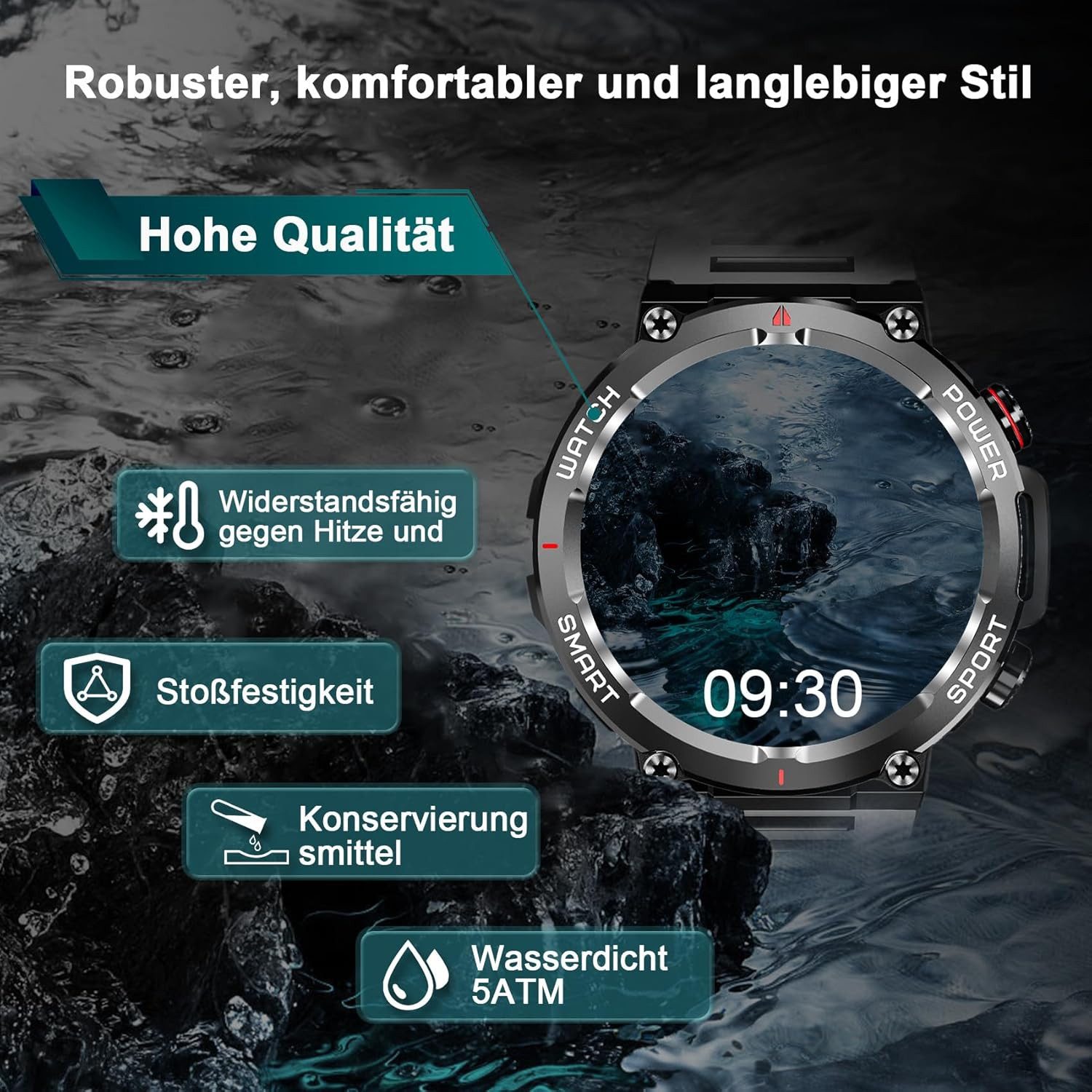 IOWODO Herren's und Damen's Fitness-Tracker IP68 Wasserdicht Telefonie Smartwatch (3.5 cm/1.39 Zoll, Android iOS), mit Bluetooth Anruffunktion 24/7 SpO2 + Schlafanalyse, 100 Sportmodi