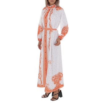 Ital-Design Maxikleid Damen Boho/Hippie Ornamente Satinoptik Blusenkleid in Weiß