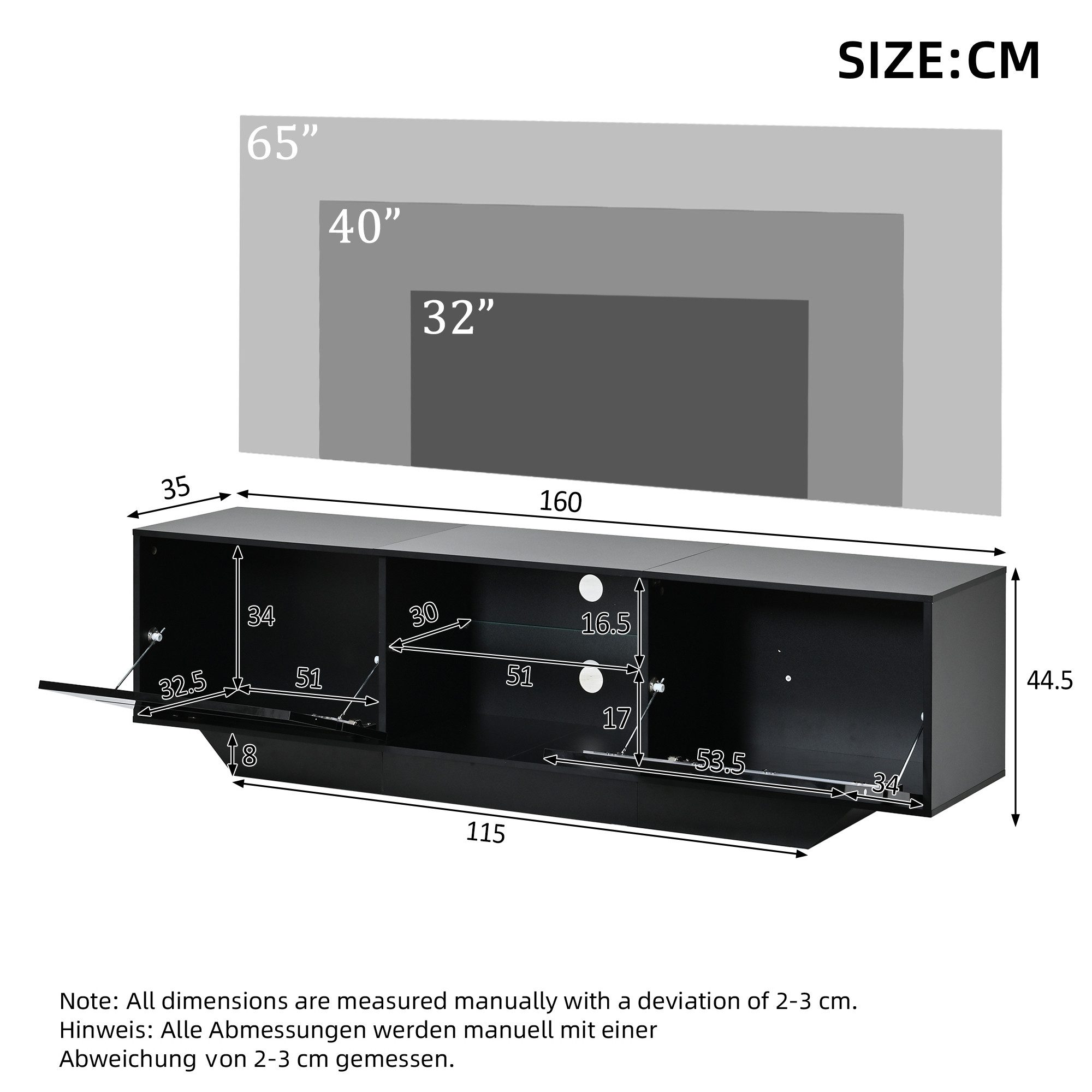 Celya TV-Schrank 160×35×44.5cm Standfernsehschrank, Lowboard Mit 2 Schranktüren (TV-Board, Fernsehtisch mit LED-Leuchten Geeignet für 65-Zoll-Fernseher)