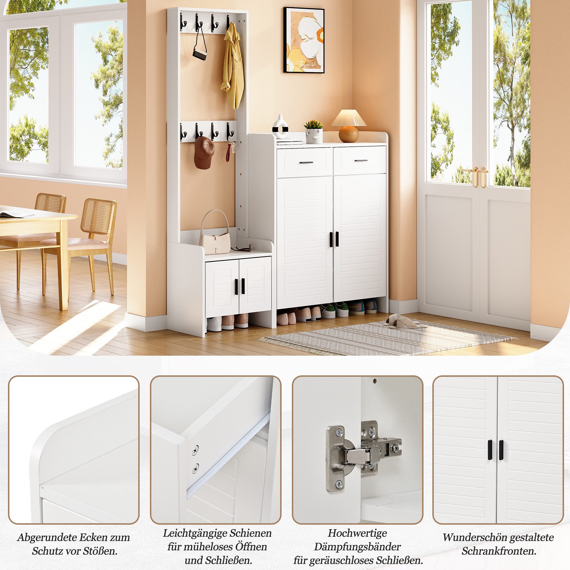 Merax Garderoben-Set Garderobenschrank mit Schuhschrank, (Schuhregal mit 10 Staufächern, 1-St., für Eingangsbereich), Flurgarderobe mit 8 Haken, 2 Schubladen &  – Bild 5 von 5
