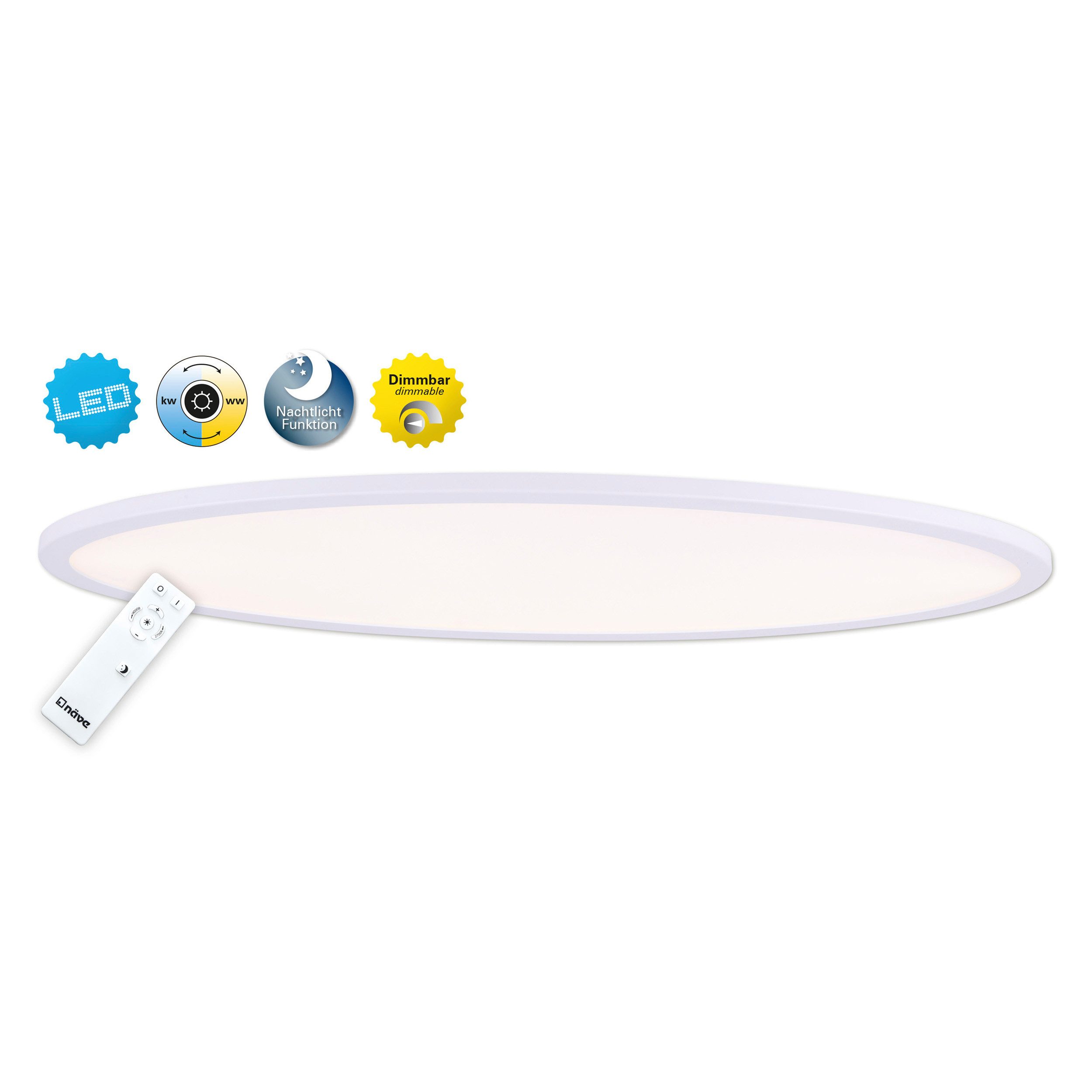 näve LED Deckenleuchte Amalfi, CCT - über Fernbedienung, Dimmfunktion, mehrere Helligkeitsstufen, LED fest integriert, warmweiß - kaltweiß, oval, dimmbar und Nachtlichtfunktion mittels Fernbedienung, CCT