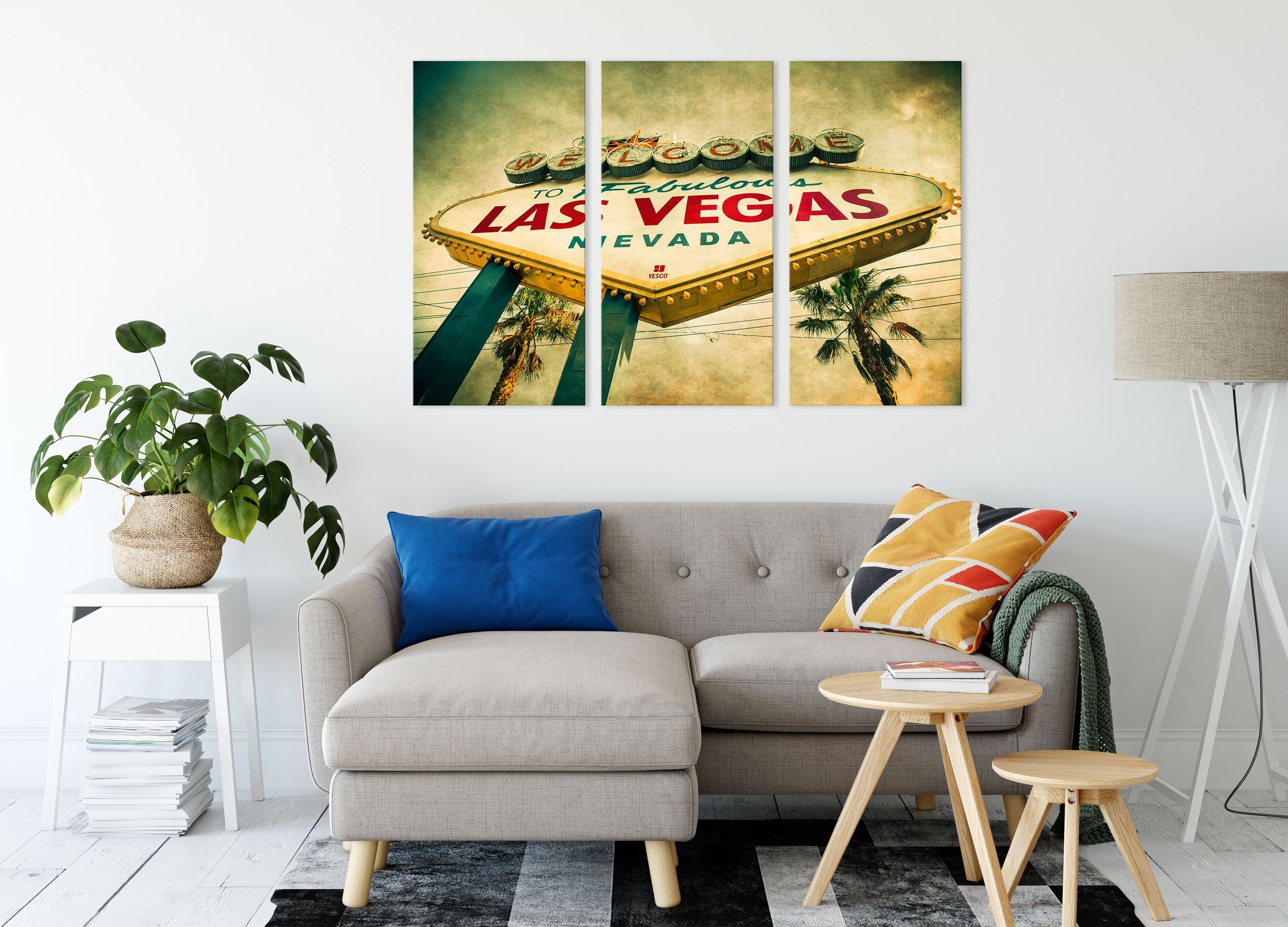 Las bespannt, St), 3Teiler (1 Leinwandbild Leinwandbild Zackenaufhänger inkl. Vegas fertig Ortsschild Ortsschild, Vegas Pixxprint (120x80cm) Las