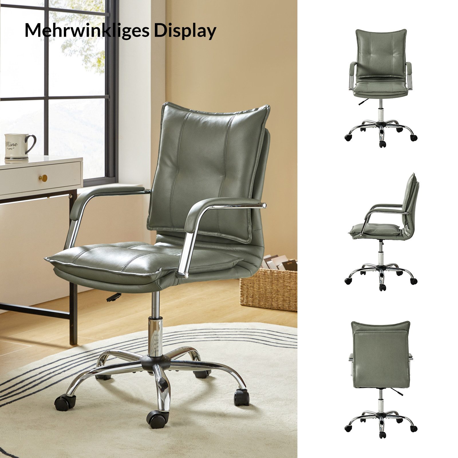 HULALA HOME Bürostuhl Ergonomischer Schreibtischstuhl mit Metallbasis, Leder, mit gepolsterten Armlehnen und SGS-Zertifizierung, grün