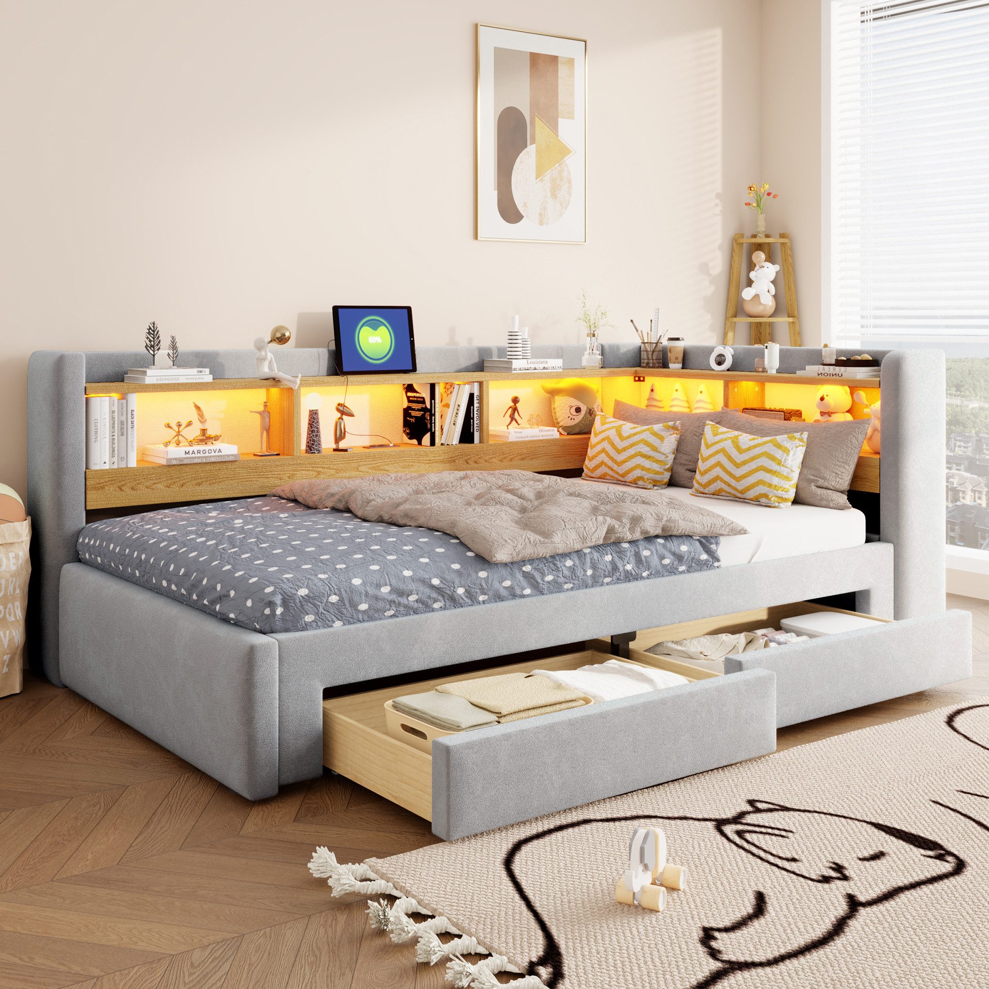 Odikalo Schlafsofa 90x200 Schlafsofa Schlafcouch Tagesbett mit ausziehbarem Gästebett LED, 3-in-1-Tagesbett mit Schubladen L-förmiges Bett Steckdose–ausziehbar zum 180x200 Doppelbett für Schlaf-und Gästezimmer