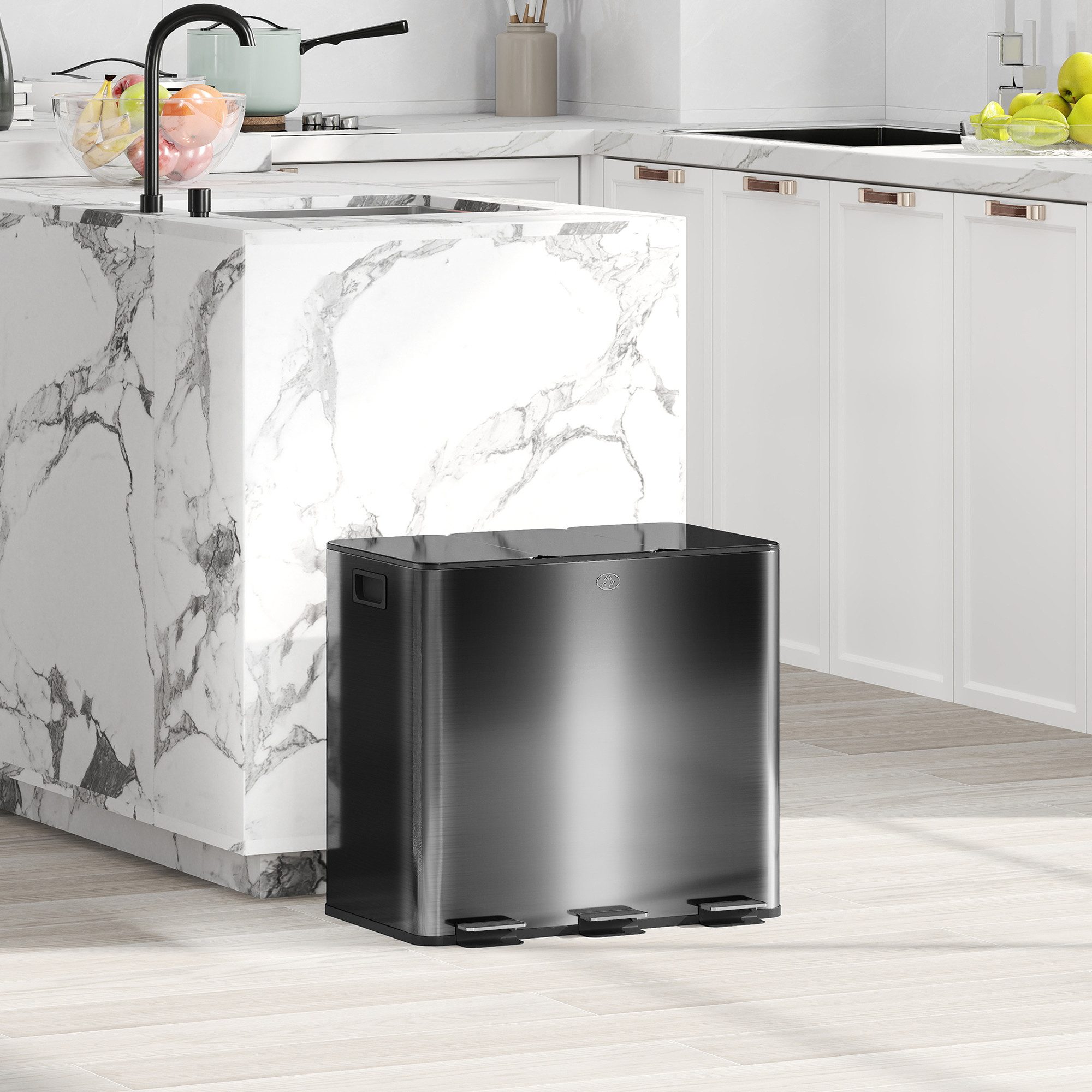 HOMCOM Mülltrennsystem Soft-Close, herausnehmbar, Deodorant-Deckel, Edelstahl, Schwarz