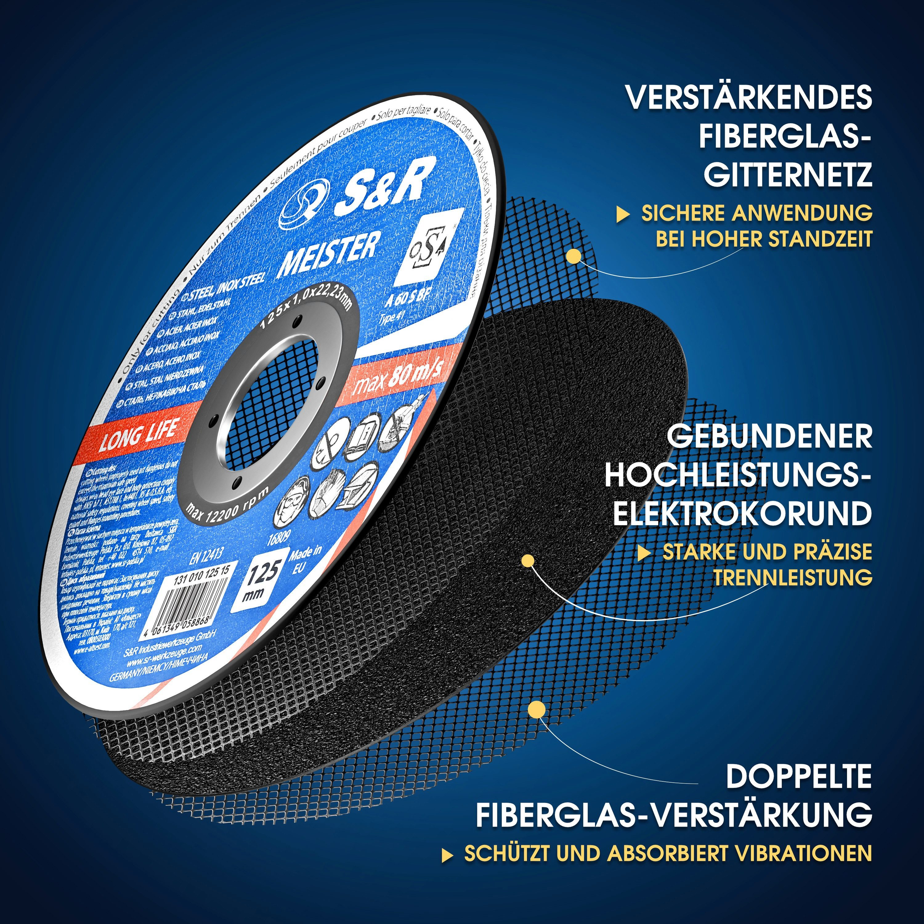 S&R Trennscheibe in Profi-Qualität, Made in EU, für Metall, Stahl, Edelstahl/INOX, (Set, 15- teilig), 125 x 1,0 x 22,23 mm, Flexscheiben für Winkelschleifer, Flex