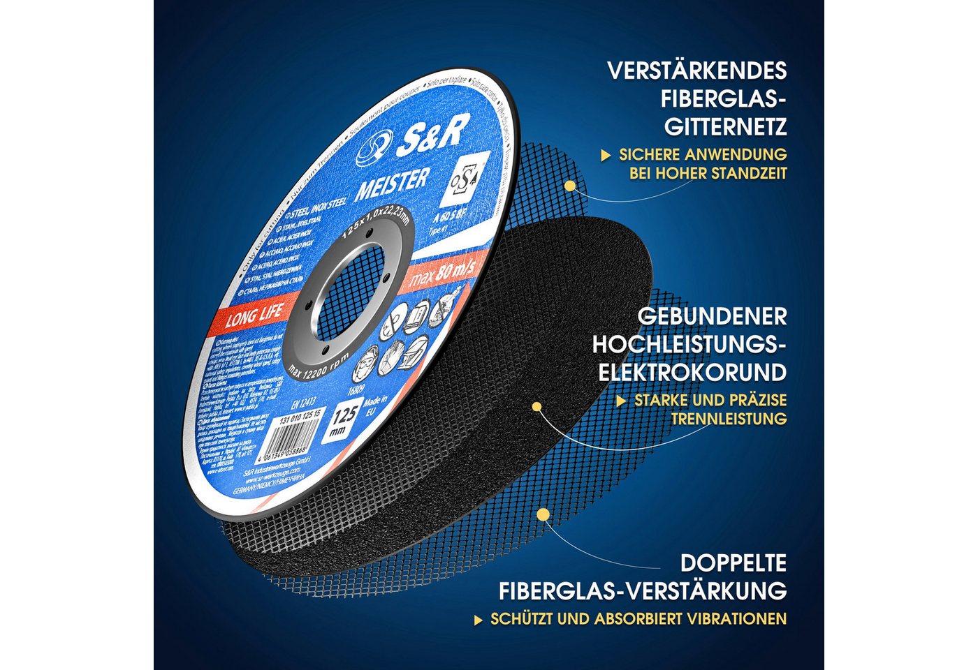 Thumbnail - S&R Trennscheibe in Profi-Qualität, Made in EU, für Metall, Stahl, Edelstahl/INOX, (Set, 15- teilig), 125 x 1,0 x 22,23 ...