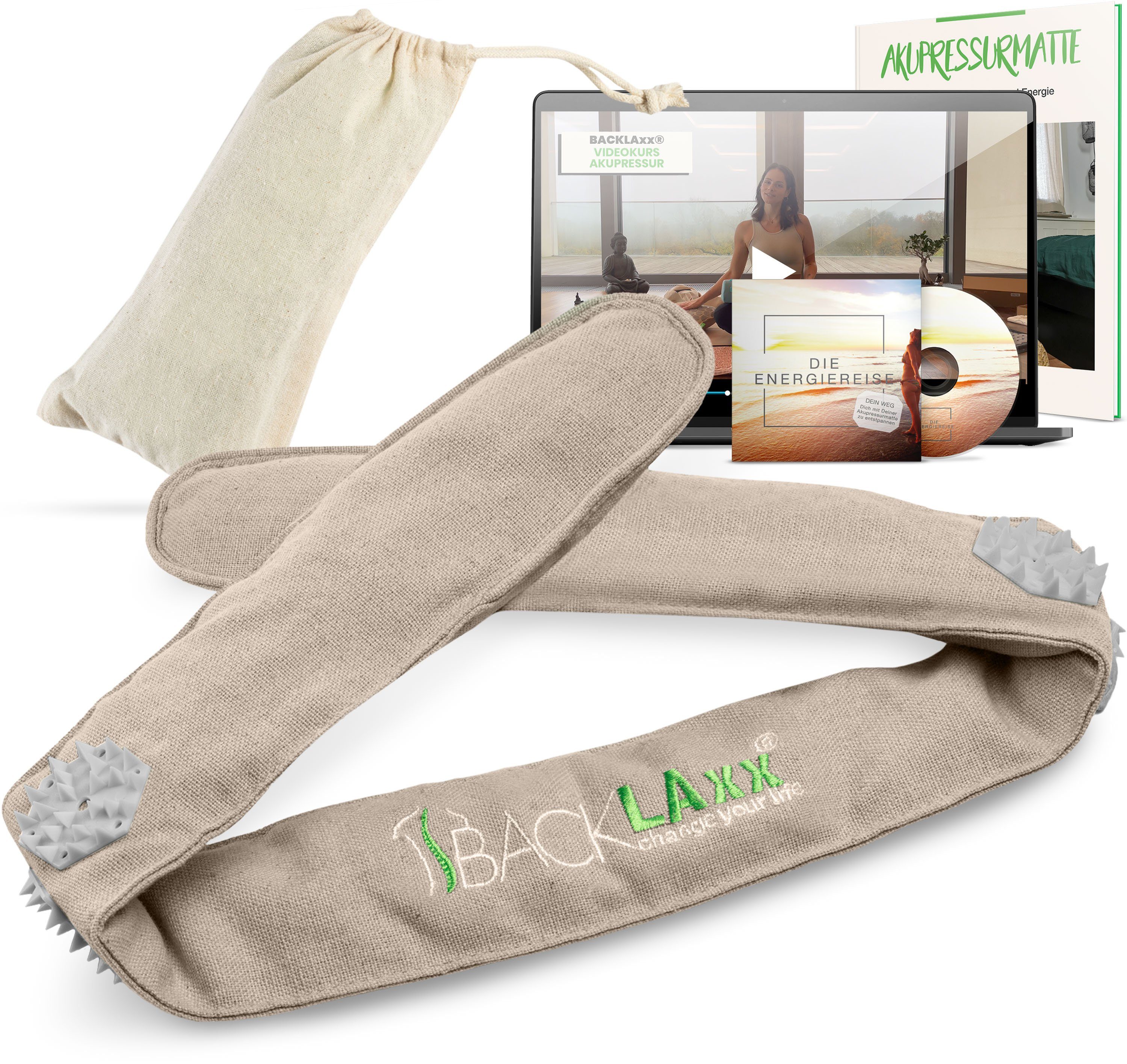 BACKLAxx® Massagegerät Akupressur Stirnband, Kopfband, Kopfmassagegerät mit Tasche zur Kopfmassage, Intensitätsregulierung durch Klettverschluss
