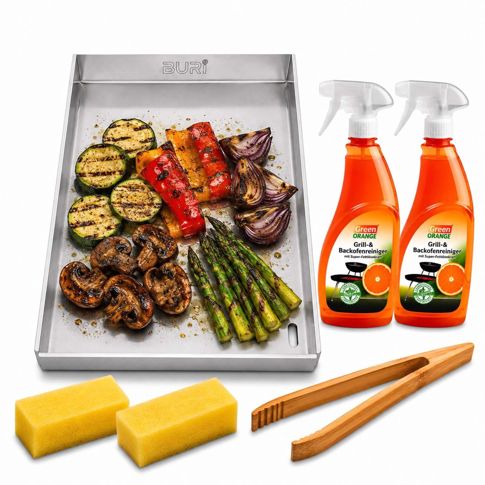 BURI Grillplatte Plancha Grillplatte 30x20cm Edelstahl Set + Grillzange & Grillreiniger
