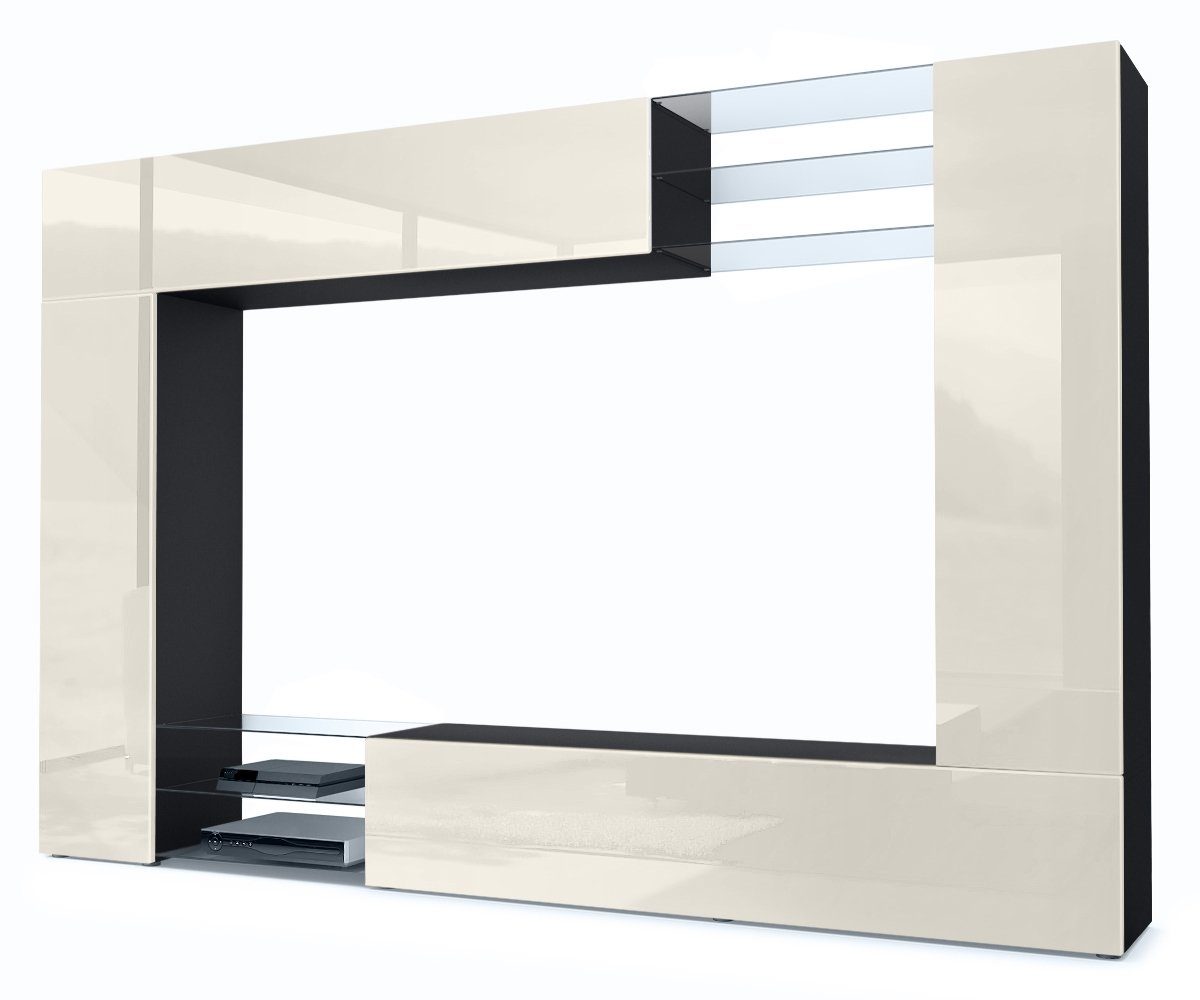 Vladon Wohnwand Mirage, (Anbauwand mit Rückwand mit 2 Türen, 4-St., 2 Klappen und 6 offenen Glasablagen), Schwarz matt/Creme Hochglanz (262 x 183 x 39 cm) Front in Creme Hochglanz