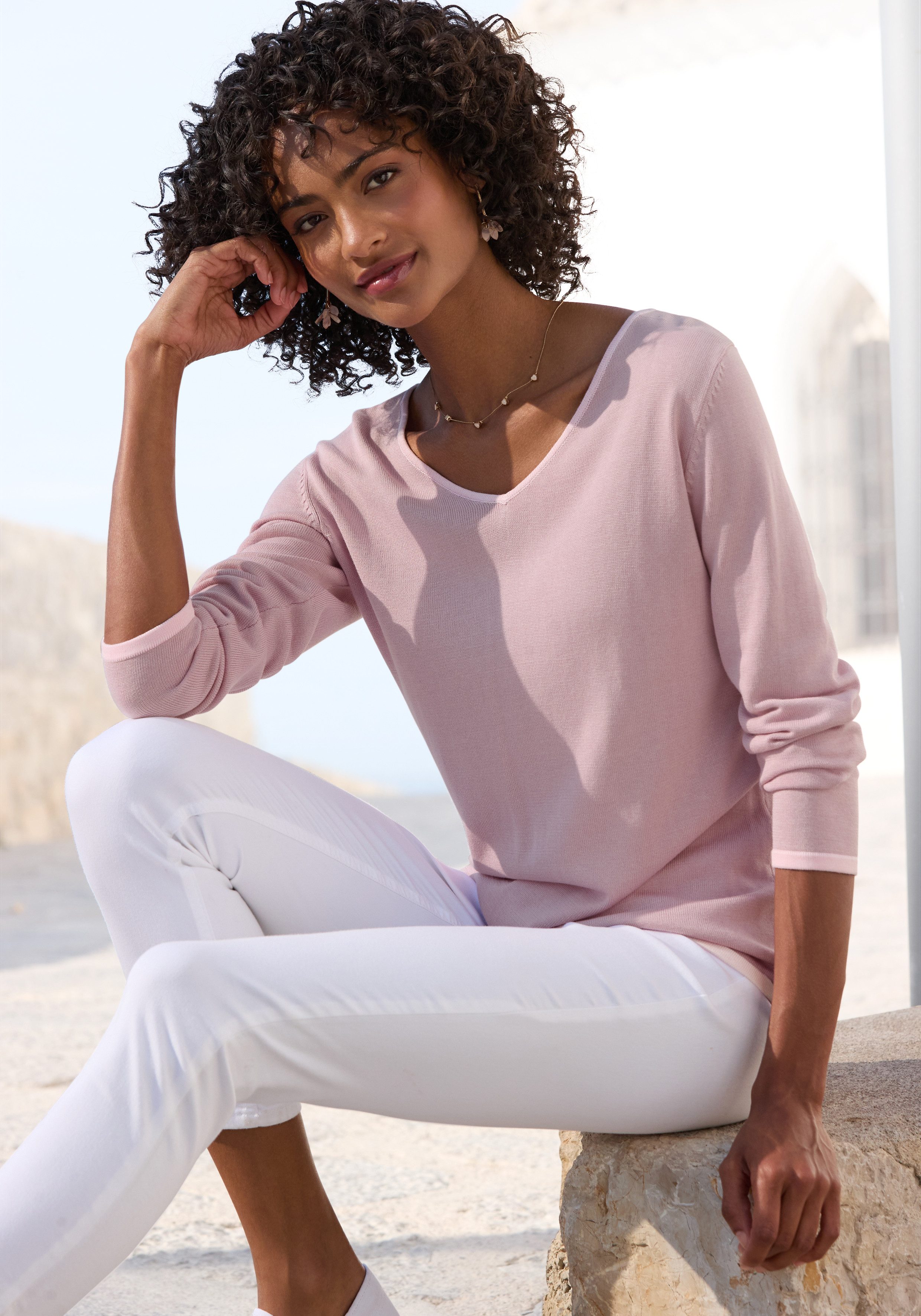 Vivance by Lascana V-Ausschnitt-Pullover mit Kontrastkanten, Basic-Pullover aus weichem Feinstrick, casual
