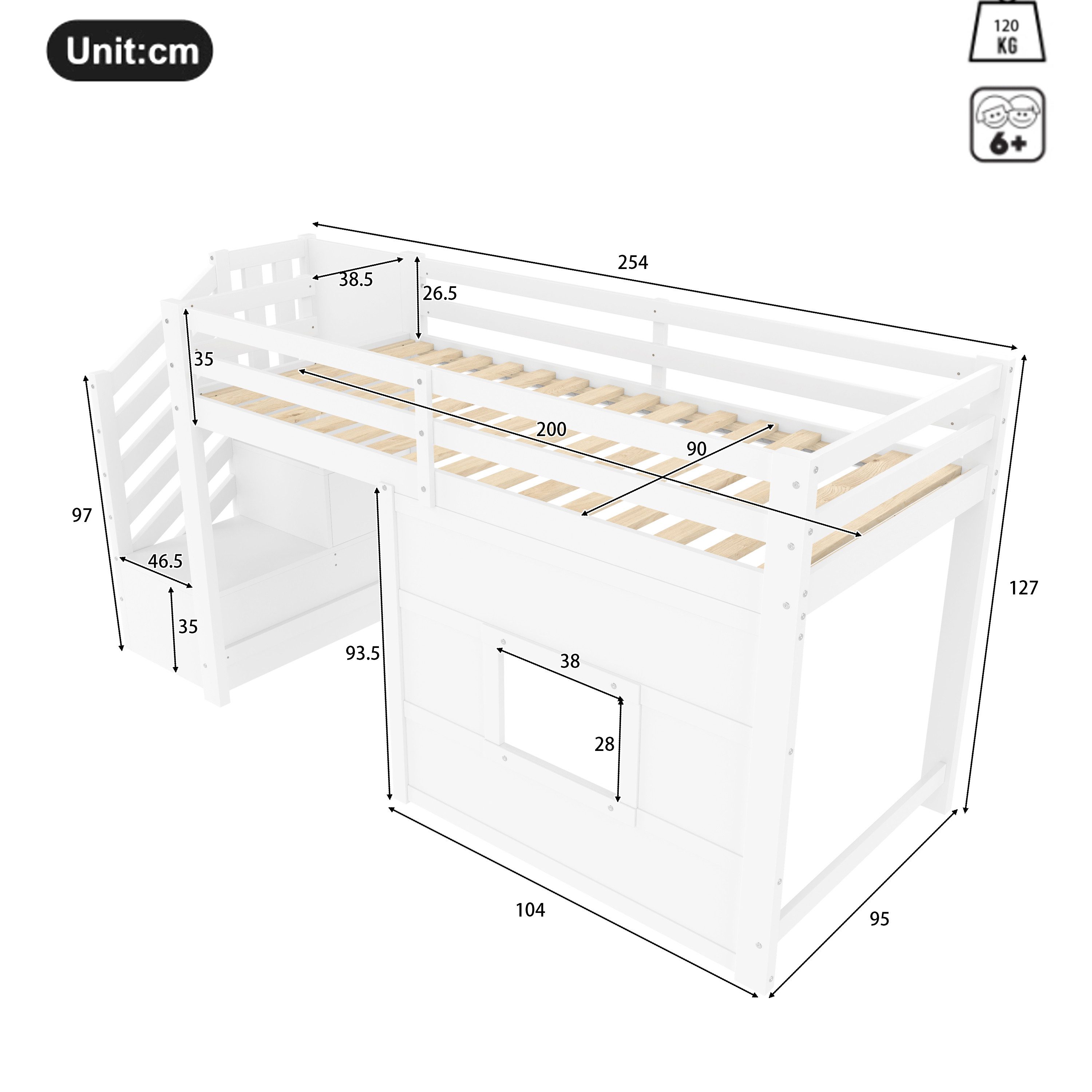 Flieks Hochbett Fenster-Form Kinderbett Holzbett 90x200cm mit LED und Stauraumtreppe