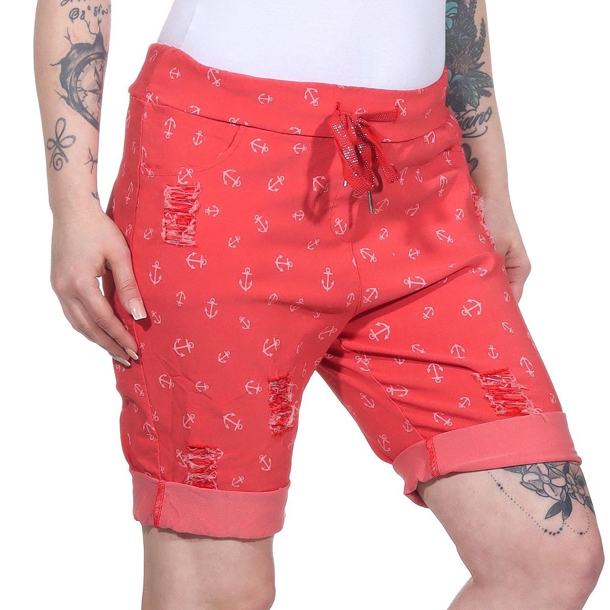 Aurela Damenmode Chinoshorts Kurze Damen Hose Sommer Chino maritime Bermuda moderne Knitteroptik, Vintage, mit Gummibung & Kordelzug