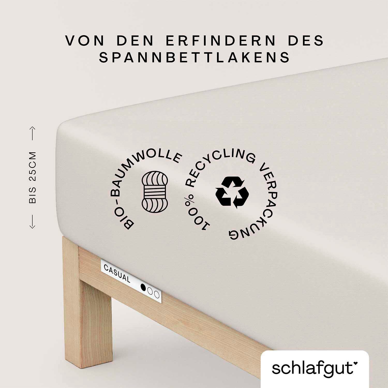 Spannbettlaken CASUAL u.a. (1 für 140x200 Gummizug: sand Bio-Baumwolle, 25 Schlafgut, Matratzen Gr. 180x200 Höhe, weich 90x200, Stück), Jersey, oder cm, rundum, zuverlässig, Bettlaken in bis langlebig, 100% cm light