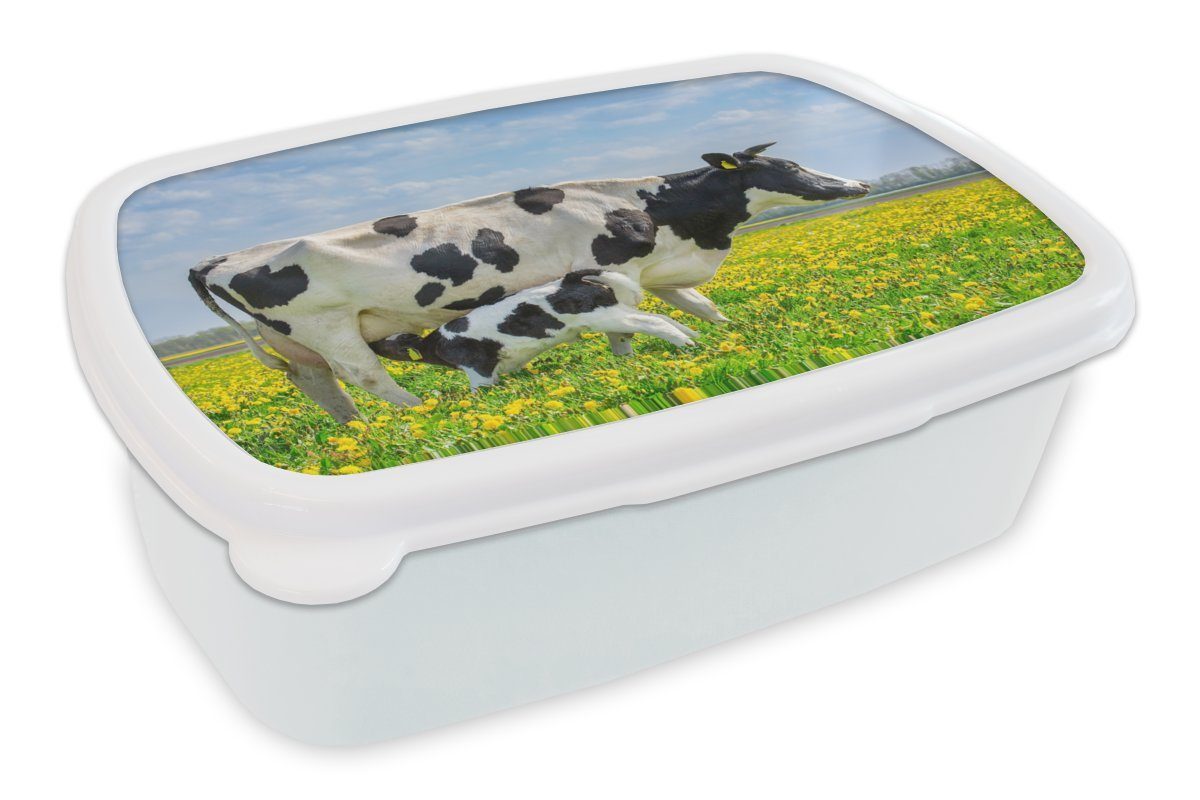 MuchoWow Lunchbox Kuh - Baby - Blumen, Kunststoff, (2-tlg), Brotbox für Kinder und Erwachsene, Brotdose, für Jungs und Mädchen weiß