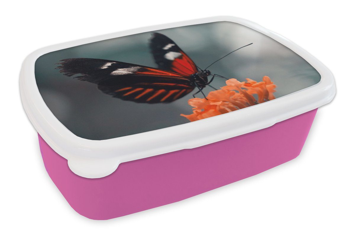 MuchoWow Lunchbox Schmetterling - Blume - Insekt, Kunststoff, (2-tlg), Brotbox für Erwachsene, Brotdose Kinder, Snackbox, Mädchen, Kunststoff rosa