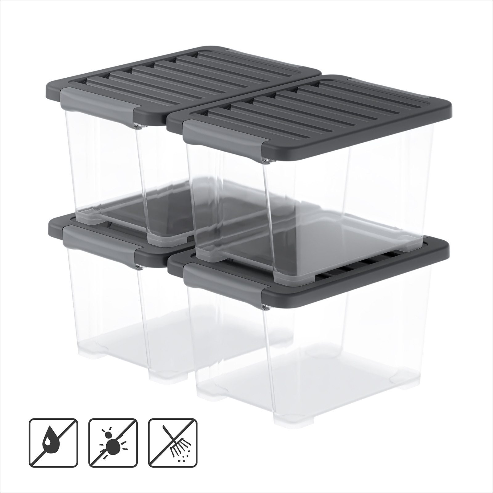 ROTHO Aufbewahrungsbox 4er-Set CORE PRO 15 L stapelbare Box mit gedichteter Deckel (Lagerboxen-Set, 4er-Set), Dichtbox ideal für Vorräte, Spielzeug und Haushaltsartikel