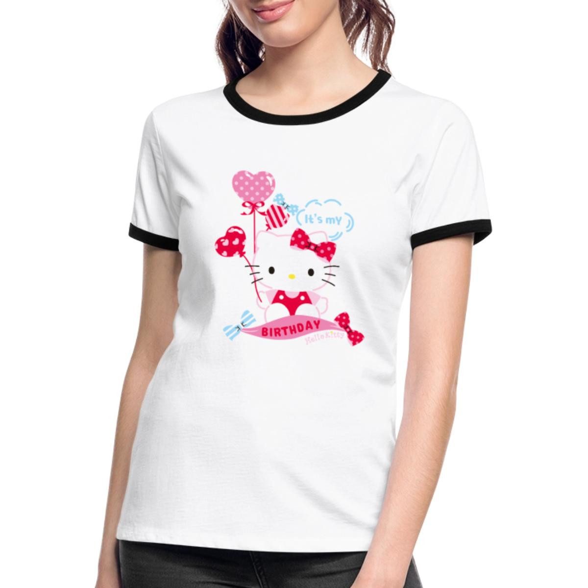 Spreadshirt T-Shirt Hello Kitty Mit Ballons Mein Geburtstag Frauen Kontrast T-Shirt (1-tlg)