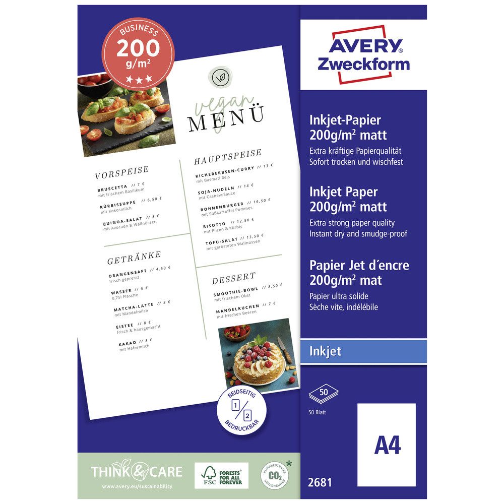 Avery Zweckform Fotopapier Avery-Zweckform 2681 2681 Tintenstrahl Druckerpapier DIN A4 200 g/m² 5