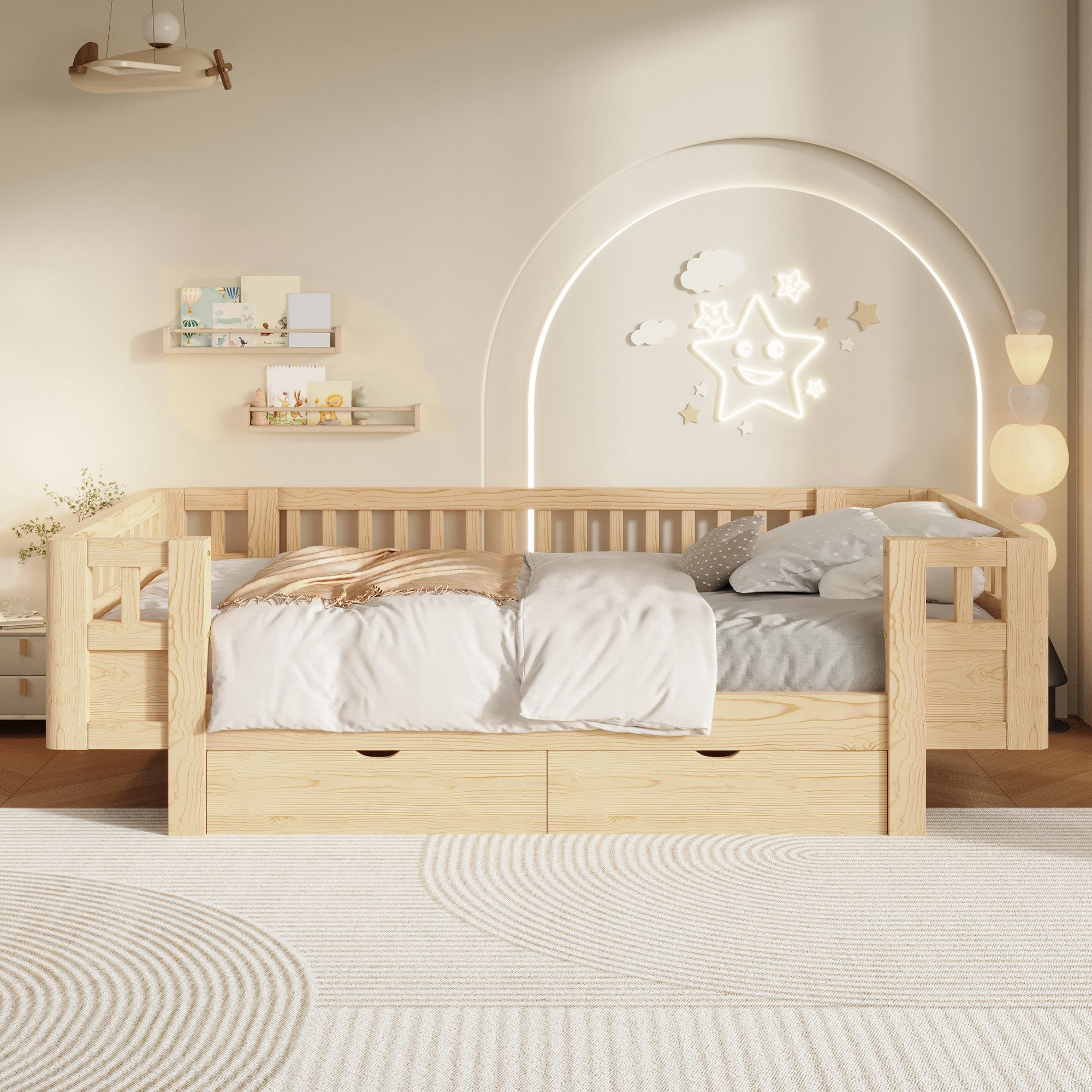 Merax Kinderbett mit Schutzgitter und 2 großen Schubladen (1-tlg), Massivholz Plattformbett 90x200cm Stauraumbett Jugendbett – Bild 2 von 5
