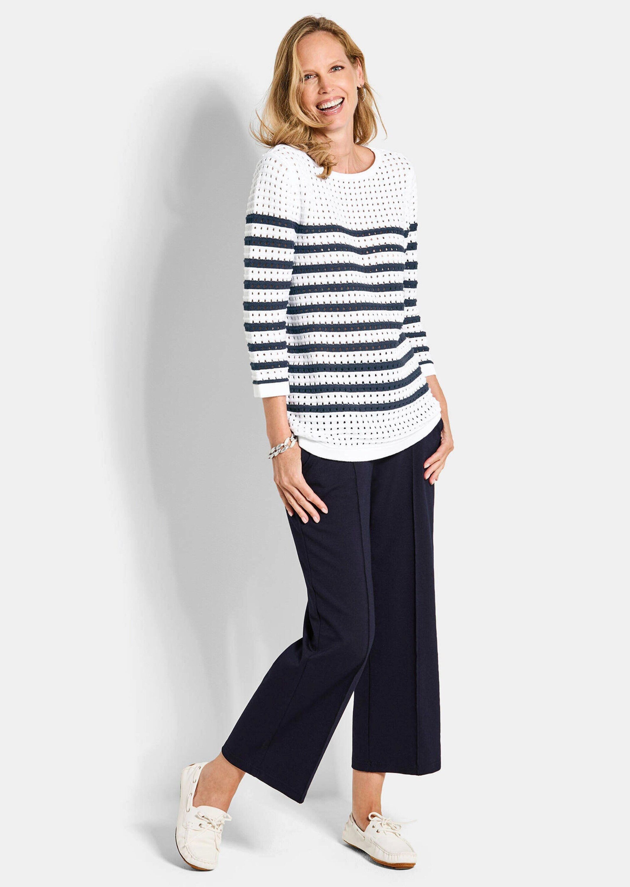 GOLDNER Strickpullover Kurzgröße: Ajourpullover mit Streifenmuster Streifenpullover mit U-Boot-Ausschnitt und 3/4-Ärmeln
