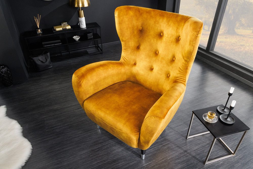 riess-ambiente Ohrensessel DON senfgelb/silber · Ohrensessel mit Fußkappen & Federkernpolsterung (Einzelartikel, 1-St), Samt-Bezug · Zierknöpfe · Taschenfederkern · Lesesessel · Retro-Design