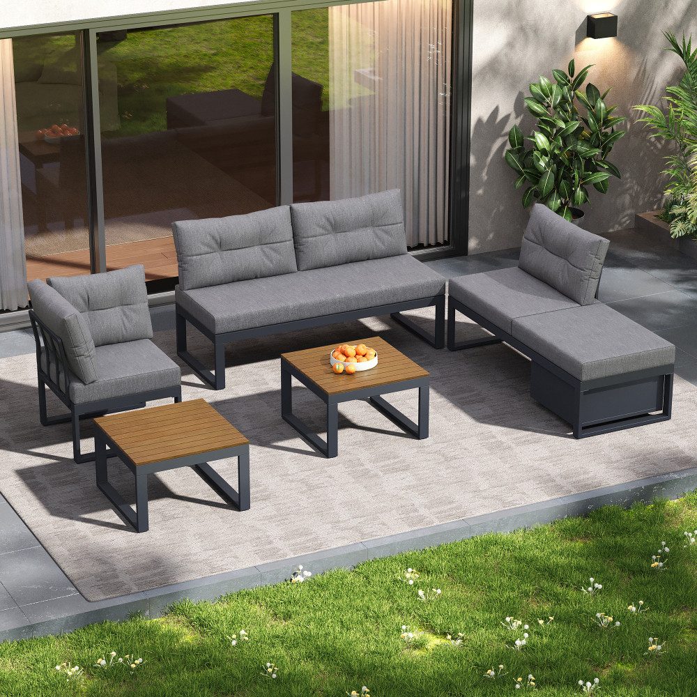 BBWL Gartenlounge-Set 4-Sitzer Lounge Sofa mit Liegefunktion 3-stufig verstellbar Stauraum, Gartenmöbel Set modular wetterfest Polyester Terrasse Balkon Garten