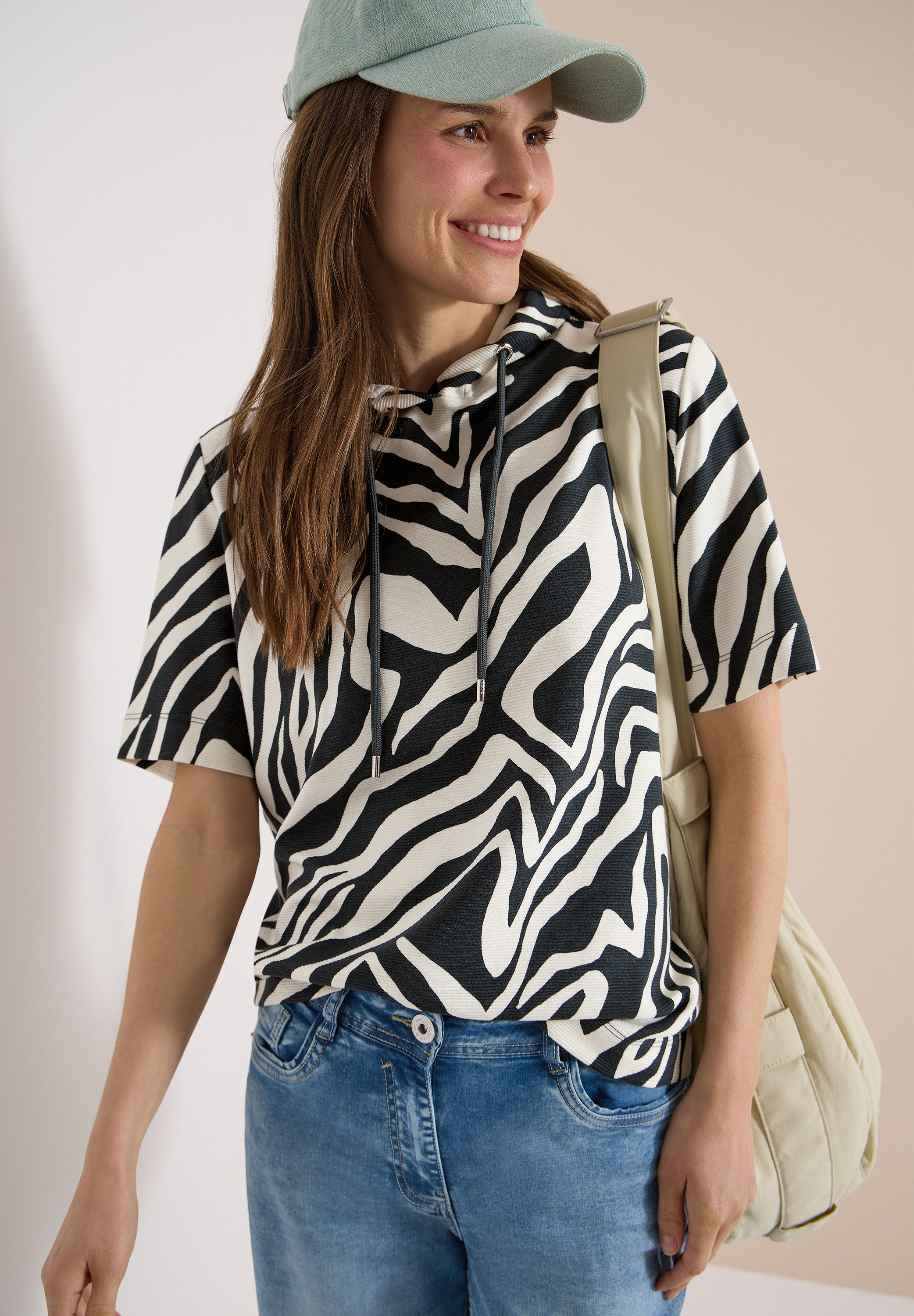 CECIL Kapuzensweatshirt Kurzarm-Shirt mit Kapuze und Zebraprint