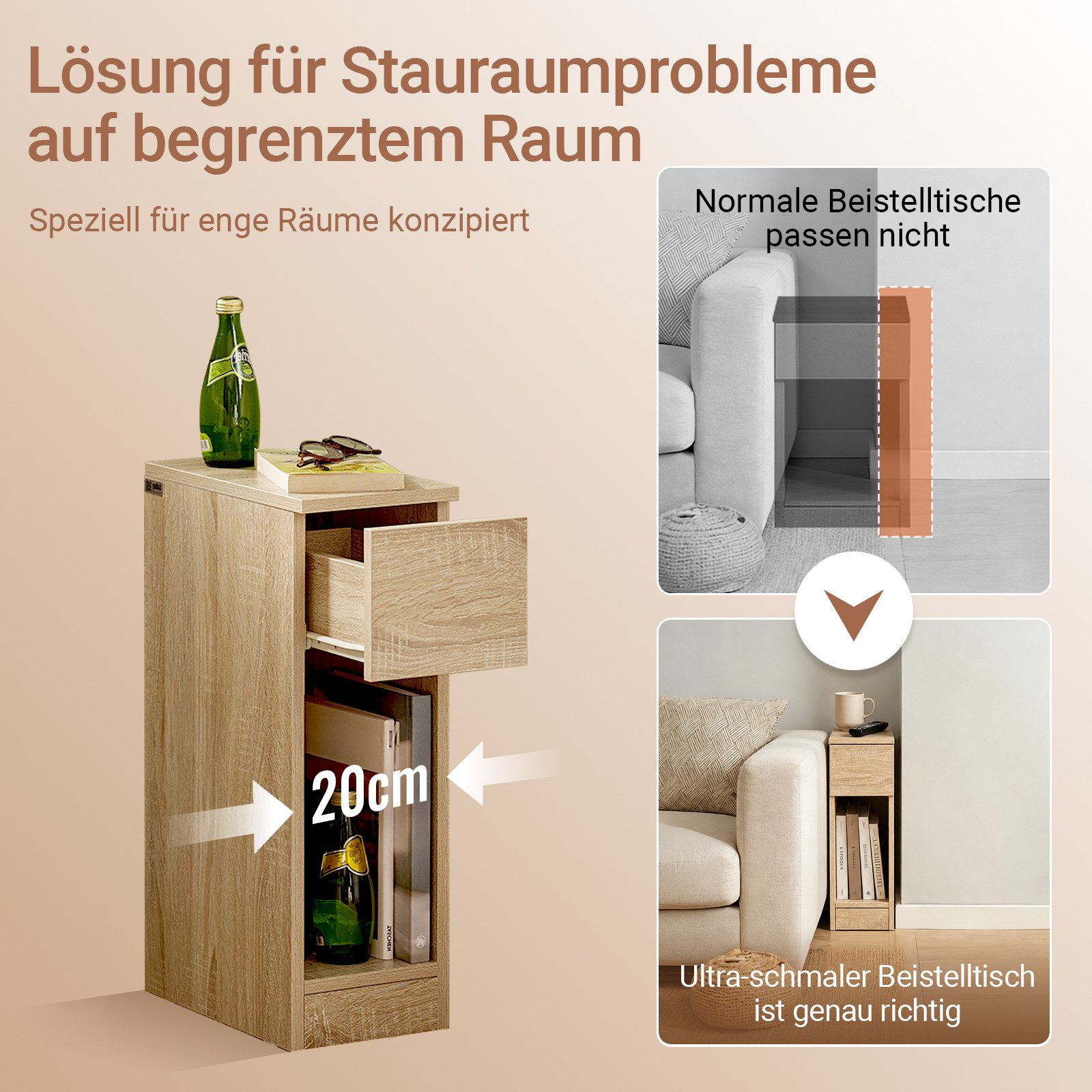 SoBuy Nachttisch FBT111, Nachtschrank kleiner Beistelltisch 20cm Breite, Nightstand, Nachttisch schmal, mit Schublade, Schlafzimmer Wohnzimmer kleine Räume