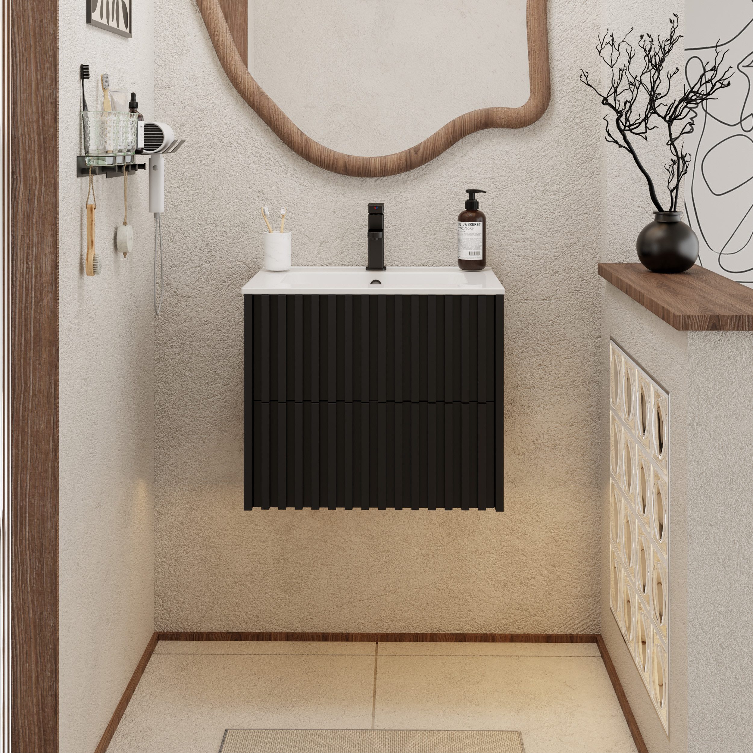 UEV Waschtisch Waschbecken mit Unterschrank set Badmöbel Gäste-WC (mit Wasserhahn und Pop-up-Ablassventil, Soft-close Schubladen,Waschbeckenunterschrank mit 2 Schubladen), Badezimmmer Schrank für Gäste WC, Komplett-Set Badmöbel